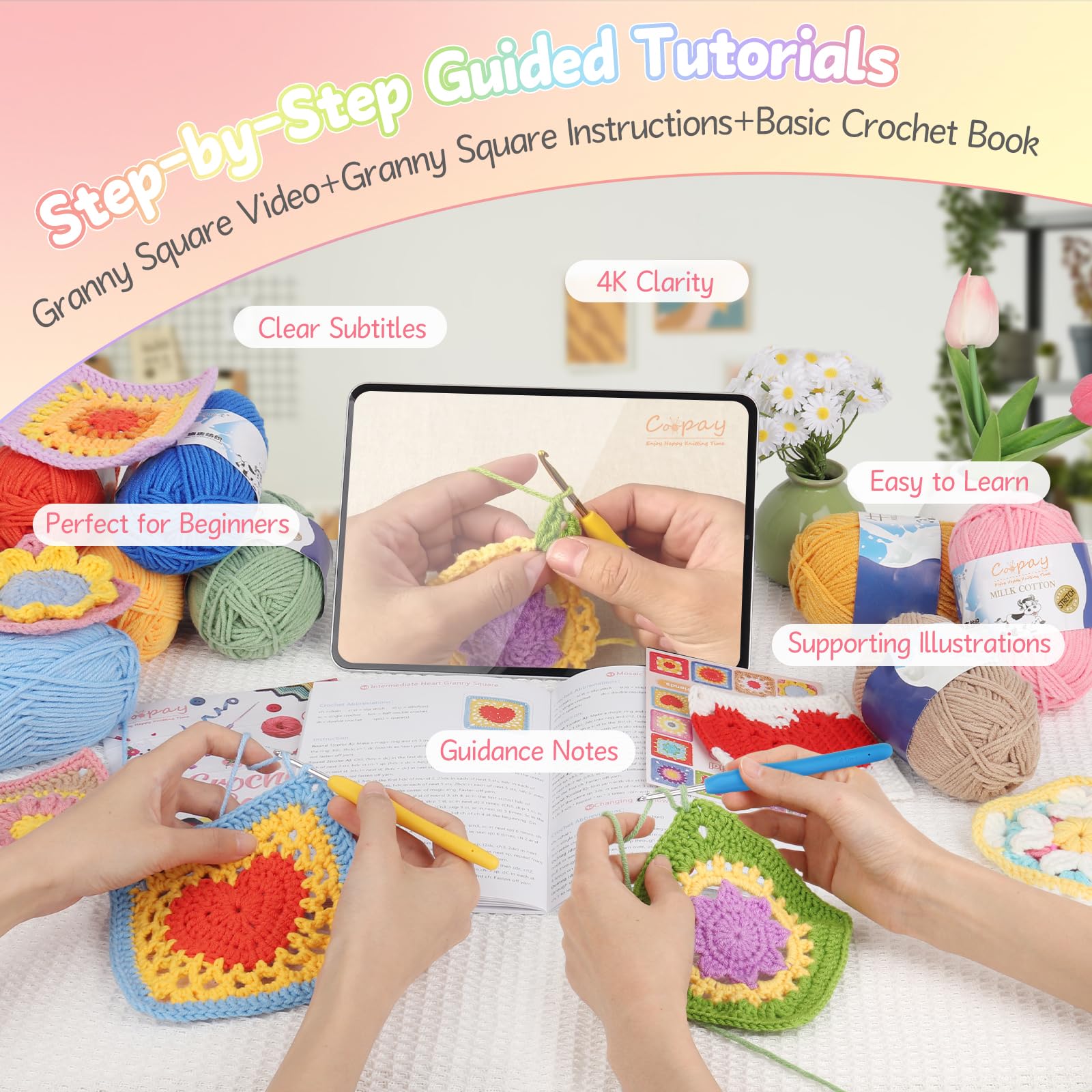 Coopay Quadratisches Häkelset für Anfänger, Häkel-Starter-Set, komplettes Häkelset mit Garn in 18 Farben und 3 quadratischen Häkelbüchern, Häkelstichkartendeck – 50 verschiedene Designs