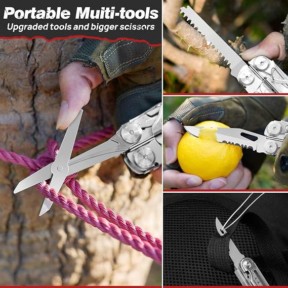 BIBURY Multitool Pliers BI2038B, 22-in-1 Stainless Steel Multi Tool with Flint, Window Breaker, Scissors, Back Clip, Folding Pocket Multifunctional Self-locking EDC Tool for Survival Camping Hiking