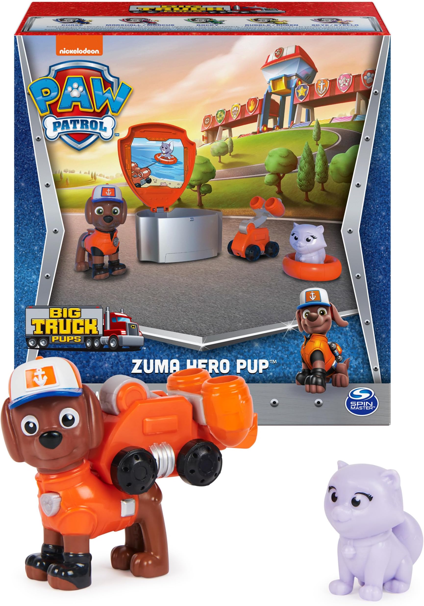 Paw Patrol, Big Truck Pups Zuma Action Figure with Clip-on Rescue Drone, Command Center Pod and Animal Friend Kids Toys Ages 3 and up