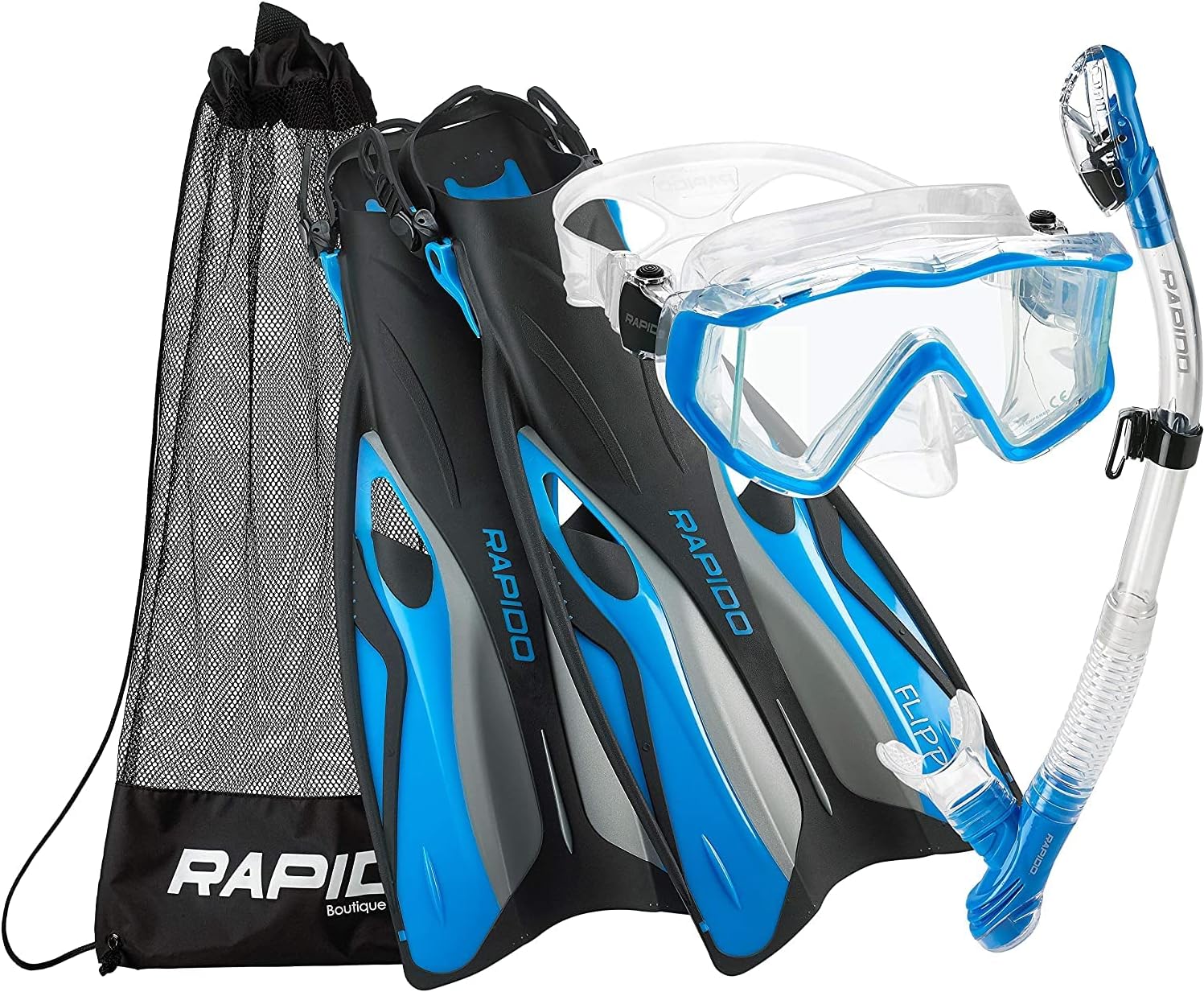 Phantom Aquatics Rapido Boutique Collection Clareza Three Window Tempered Glass Lens Mask Fin Snorkel Set with Snorkeling Gear Carry Bag Azzurro ML/XL, 9-11 / EU: 41-45