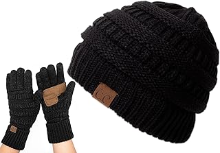 C.C Unisex Chunky Soft Stretch Cable Knit Warm Fuzzy Lined Skully Beanie Black with G20 Black Metallic One Size