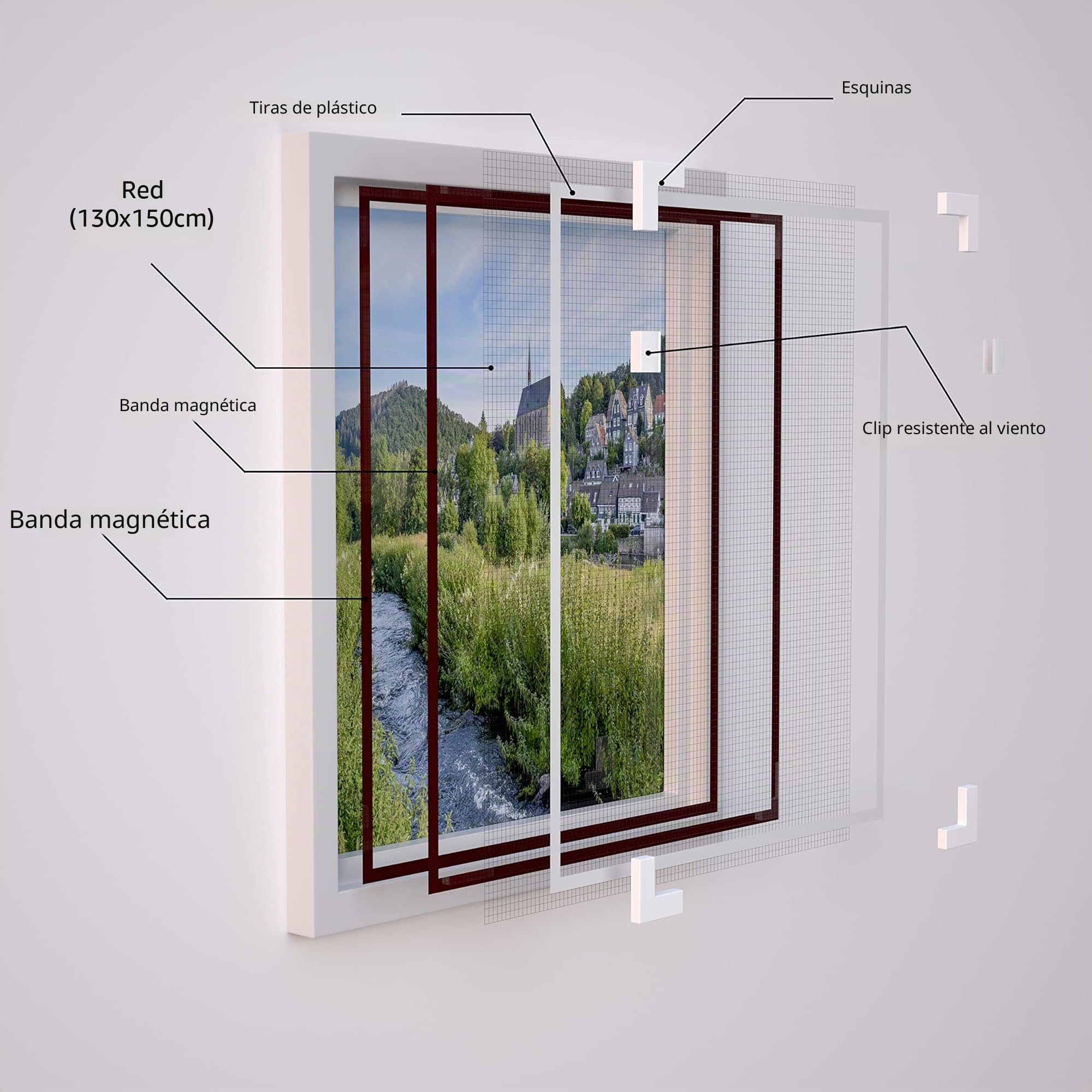 NeatiEase Mosquiteras para Ventanas Pantalla magnética ajustable y flexible de 130 x 150 cm, se adapta a cualquier tamaño más pequeño（Marco blanco, malla gris）