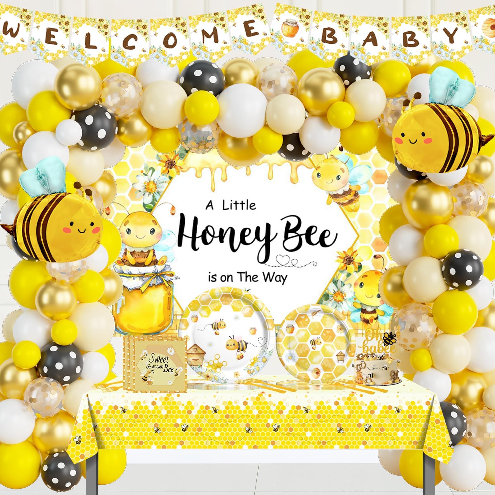 Bee Baby Shower Decorations, Honey Bee Baby Shower Supplies, A Little Honey Bee is On The Way Decorations Backdrop Balloon Banner Tablecloth Cake Topper Plates Napkins Forks Yellow 203PCs