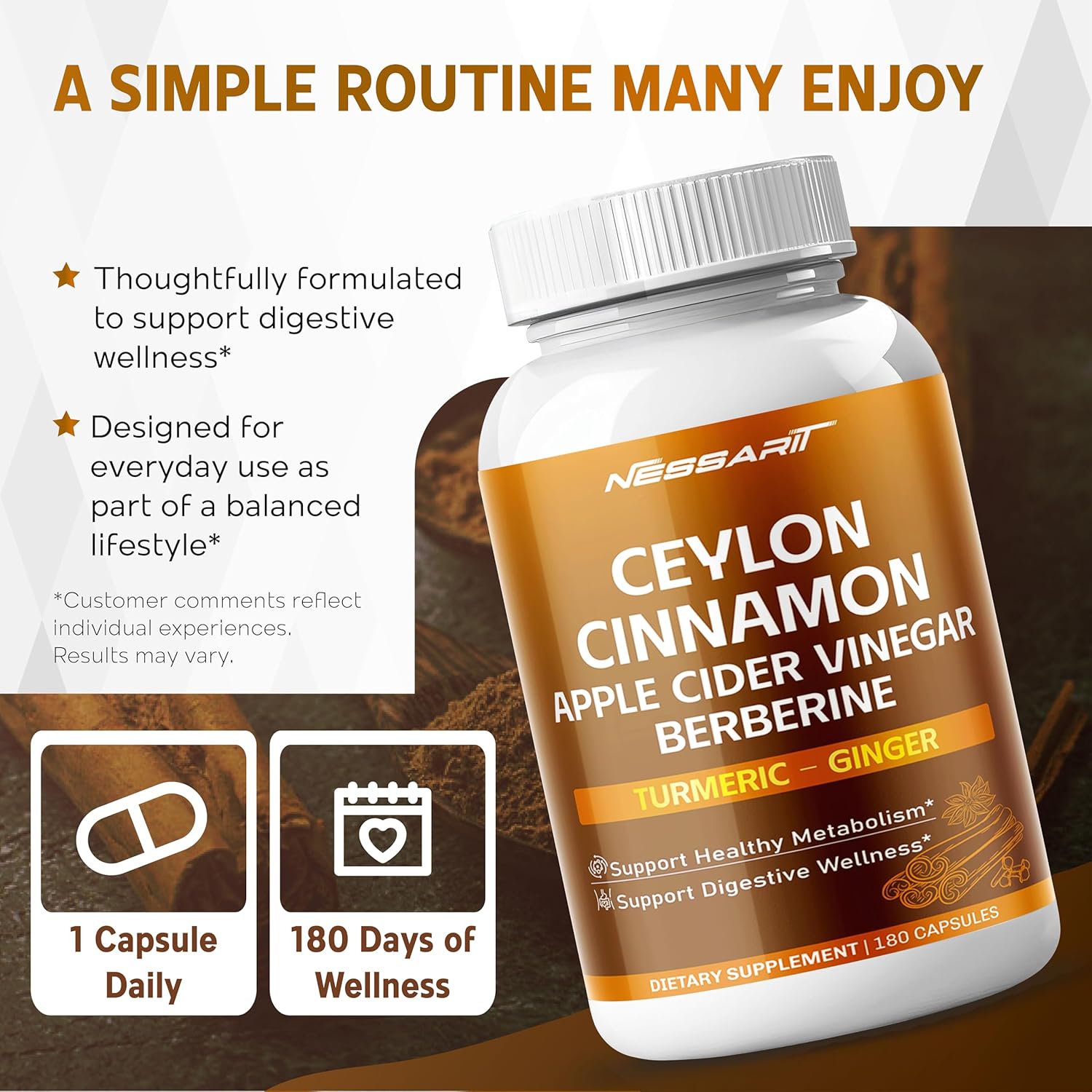 Ceylon Cinnamon, Apple Cider Vinegar, Berberine, Turmeric & Ginger – Support Metabolism & Digestion – 180 Capsules - Image 6