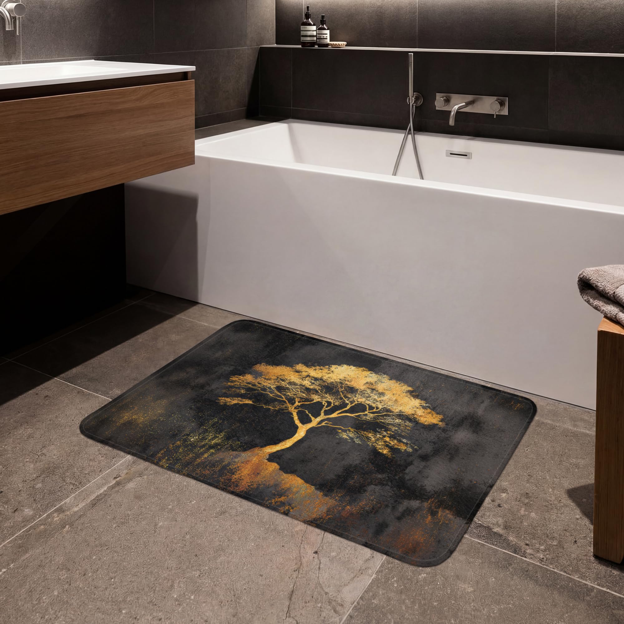 Alfombras Baño Rectangular 90x60 cm Alfombra Ducha Lavable Tapete Bath Mat Non Slip Antideslizante Bathroom Decoracion Shower Árbol - Pintura - Oro - Abstracto