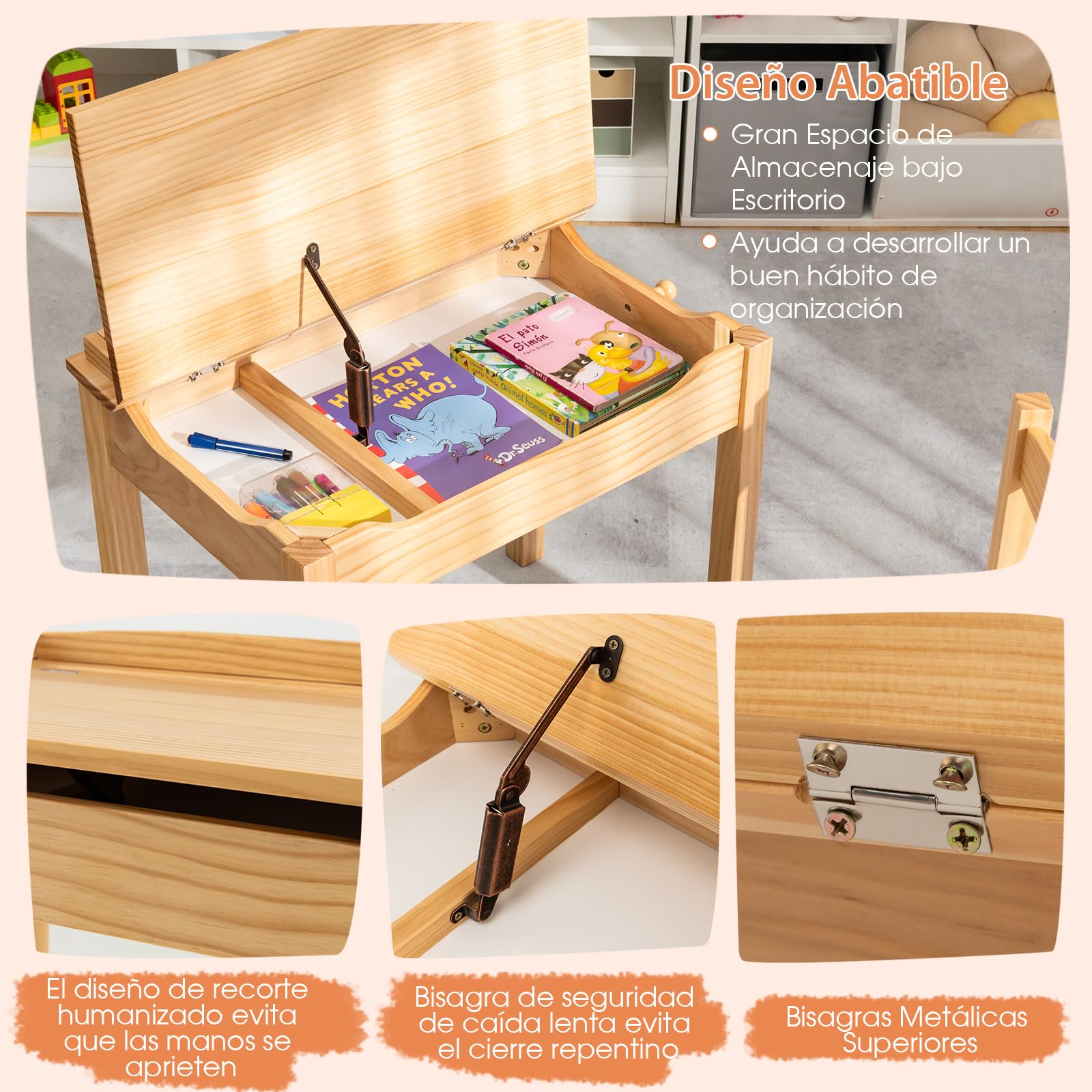 COSTWAY Juego de Mesa y Silla para Niños, Escritorio Infantil con Silla y Tablero Abatible, Juego de Mesa de Actividades de Madera Maciza, Bisagra de Seguridad, Cajón Extraíble (Natural)