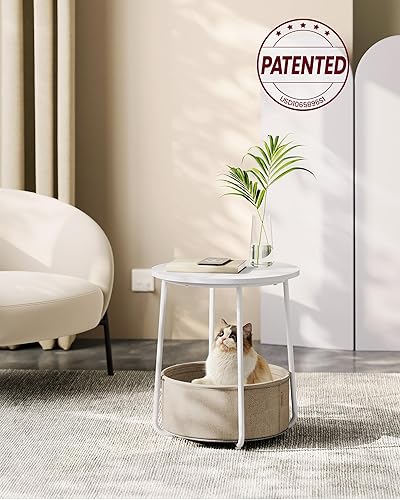 Miniatura 7 de VASAGLE Mesitas de noche, Juego de 2 Pequeñas Mesas Redondas con Cesta de Tela, Mesas de Noche, para Dormitorio, Blanco Mate y Marrón Camel