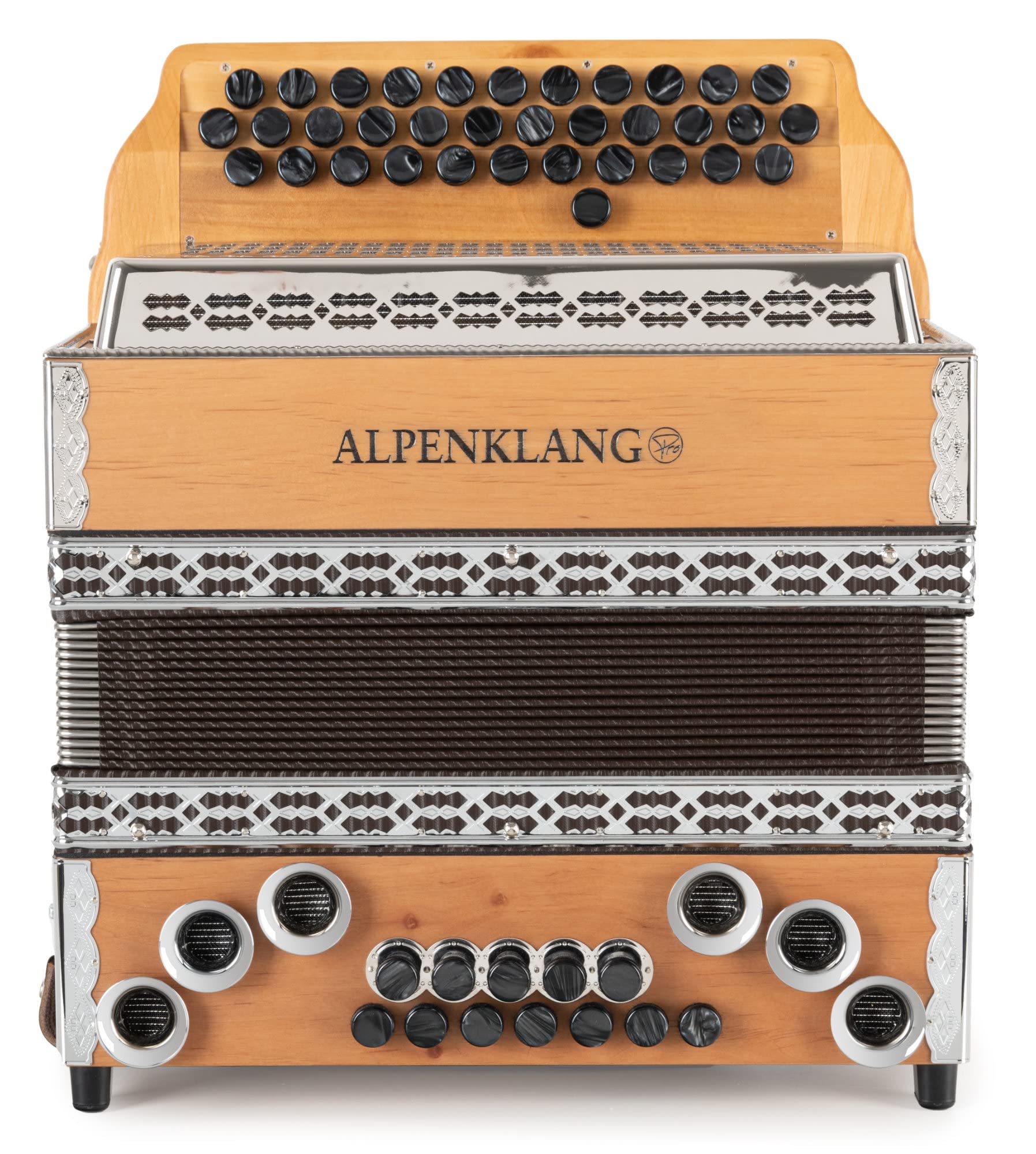 Alpenklang Pro Learn 23 Harmonika B-Es-As - 35 Knopftasten + 1 Zusatzton (3-reihig, 2-chörig) - X-Bass gekoppelt und 6 Helikon-Bässe - inklusive Koffer und Riemen - Buche