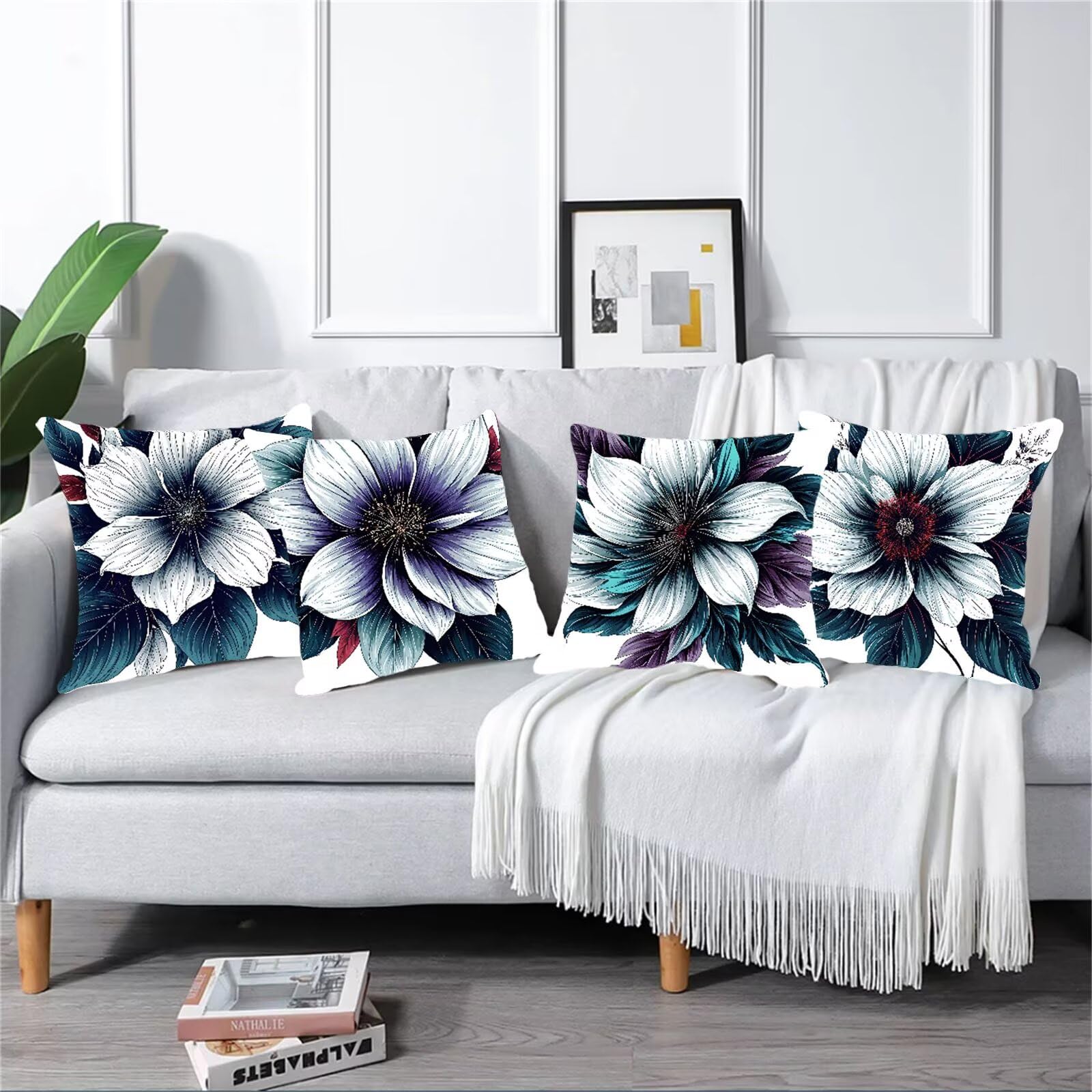 Kissenbezug 65x65 4er Set, Outdoor Kissen Creme Sofakissen, Wasserdicht Kissenbezüge Blume Dekokissen mit Unsichtbarem Reißverschluss, Zierkissenbezüge für Schlafzimmer Sofa Stuhl Bett Garten G1-601