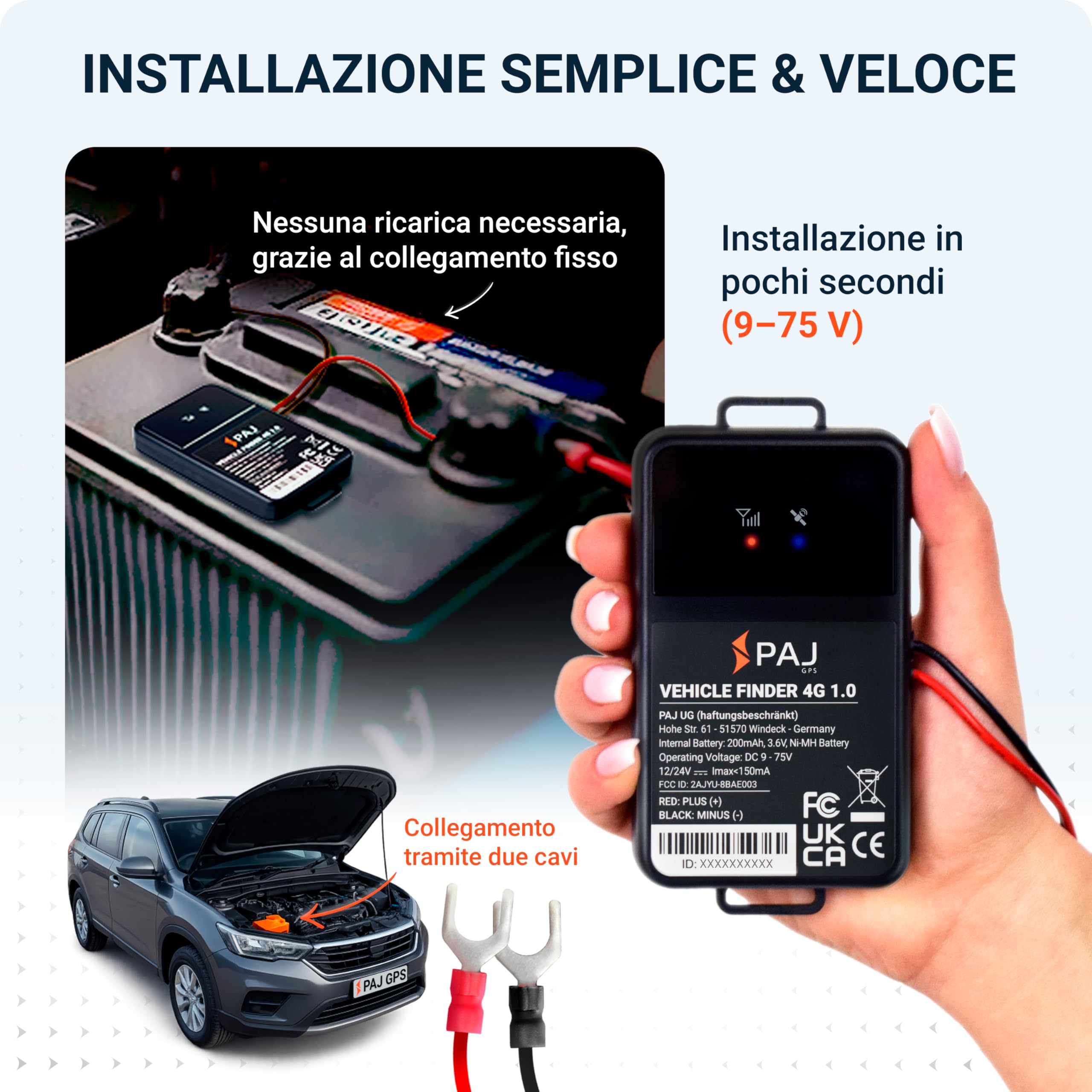 PAJ VEHICLE Finder 4G 1.0, Localizzatore GPS per Moto, Auto e altri Veicoli, Collegamento Diretto alla Batteria, Tracciamento in Tempo Reale, Perfetto per la Gestione delle Flotte Aziendali