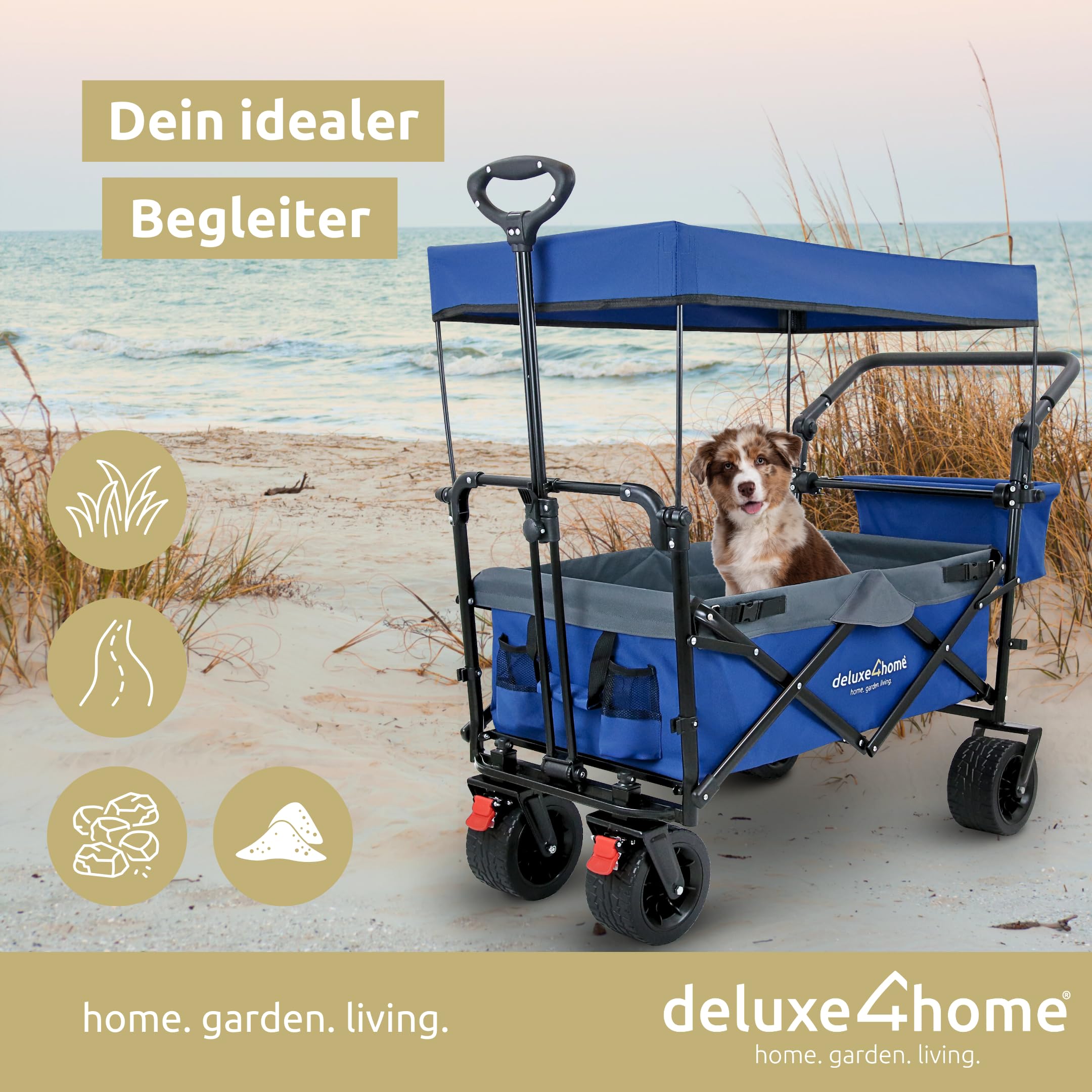 Bollerwagen Faltbar mit Dach Blau/Grau I Mit 360° Reifen & Bremsen I Handwagen Transportwagen 100L I Campingwagen Trolley bis 120kg I Drehbarer Griff