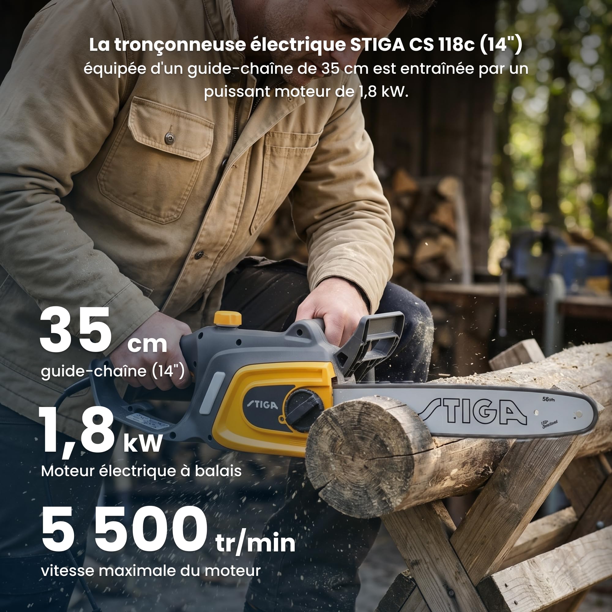 STIGA CS 118c Tronçonneuse Électrique, 1,8 kW, 35 cm – Frein de Chaîne Manuel, Pompe à Huile Automatique – Pour Jardin et Bûches Robustes