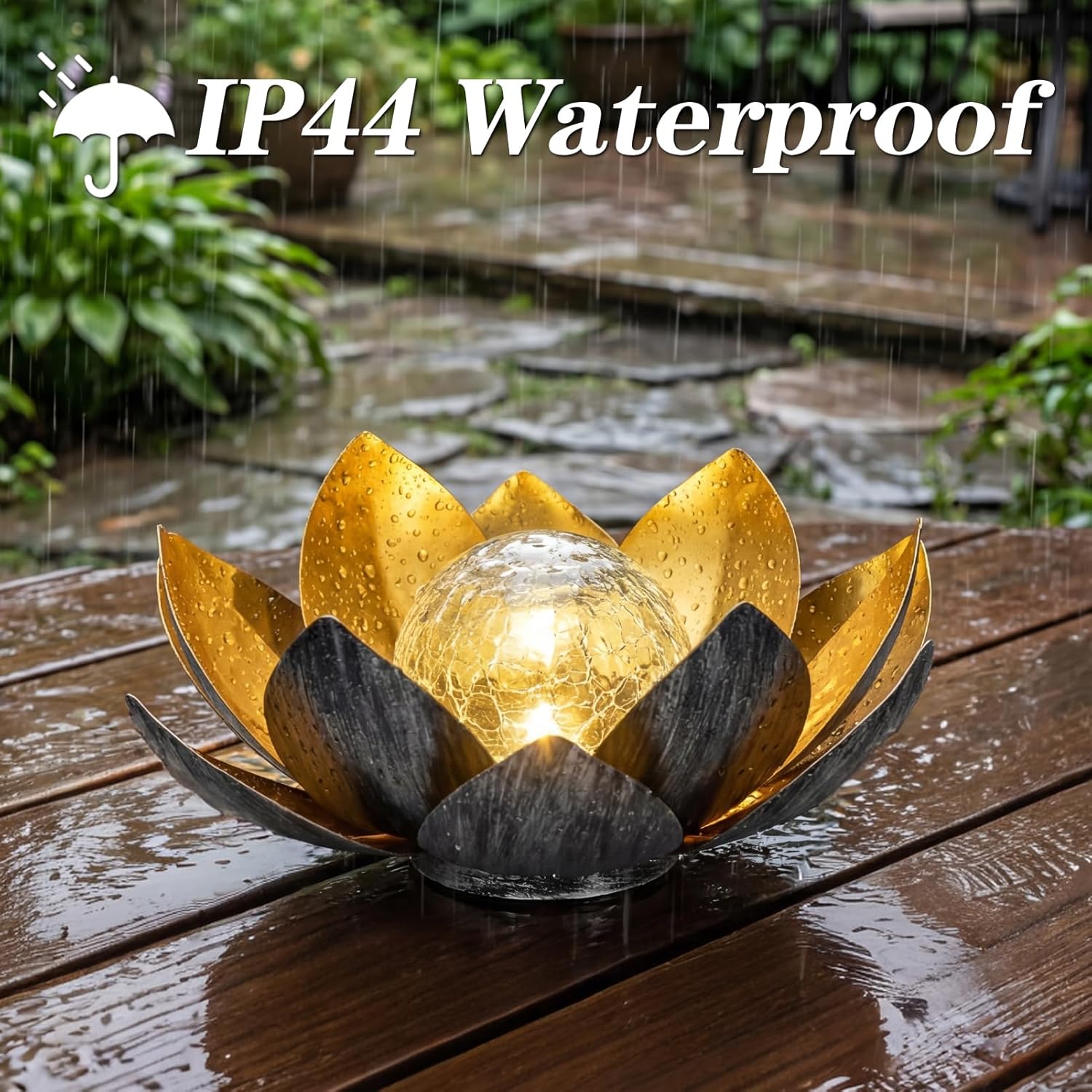 MEBRUDY Solar Lights Outdoor Garden Decor, Bright Globe Glass Lotus Flower Lamp, IP44 Waterproof Gold Metal Lotus LED Lights for Patio, Yard, Lawn, Tabletop Outside Decor, Garden Gifts for Mom Women