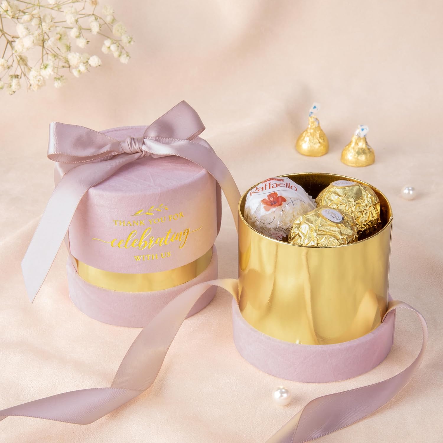 ponatia 6-Pack Dusty Rose Velvet Wedding Favor Boxes, 3.1×3.1'' Luxury Candy Boxes with Gold Foil Print & Ribbons, Pefect Gift Box for Wedding, Bridal/Baby Shower & Birthday Party Favors - Image 3