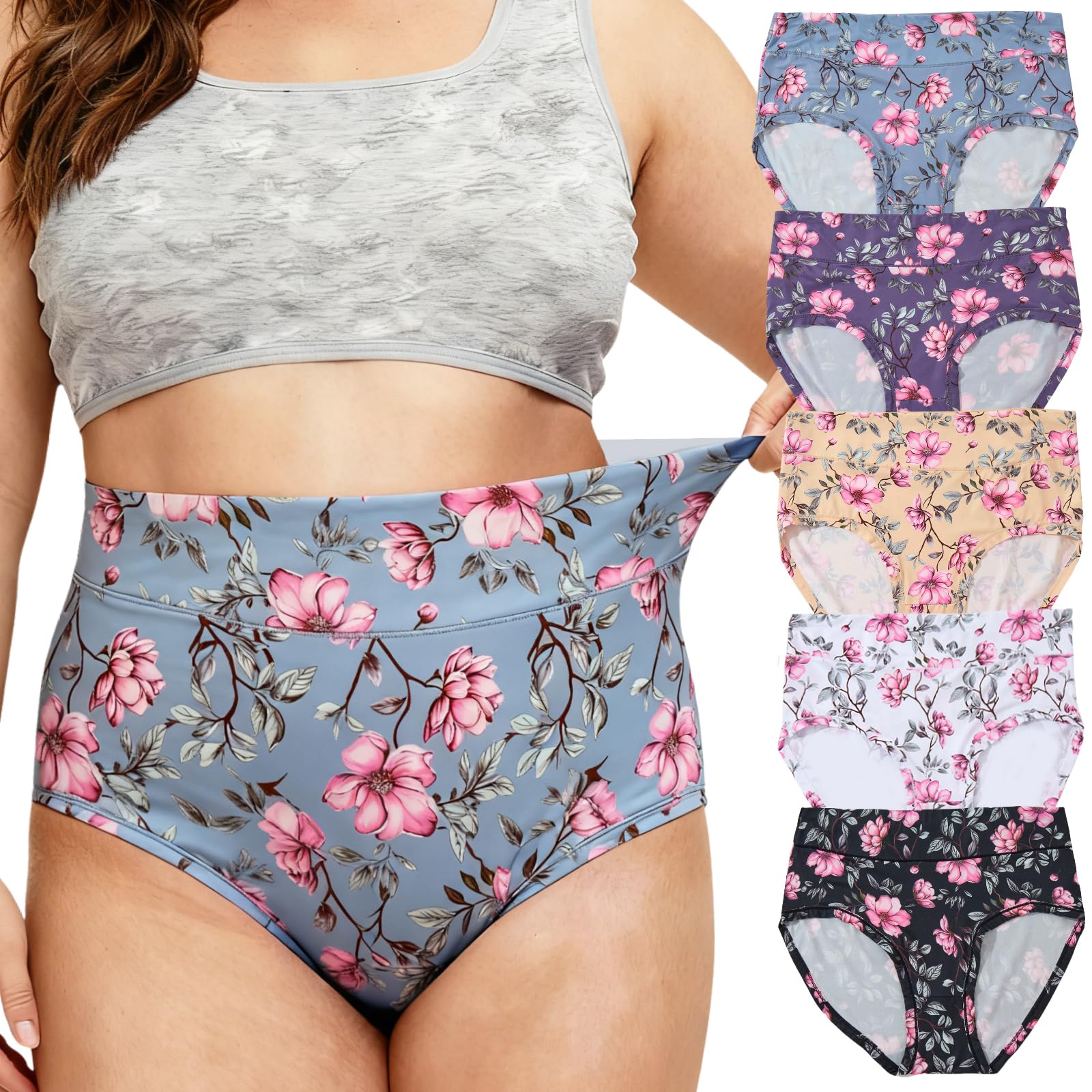 Womens Underwear Plus Size XL-5XL Briefs Panties Rose Floral 5-Pack