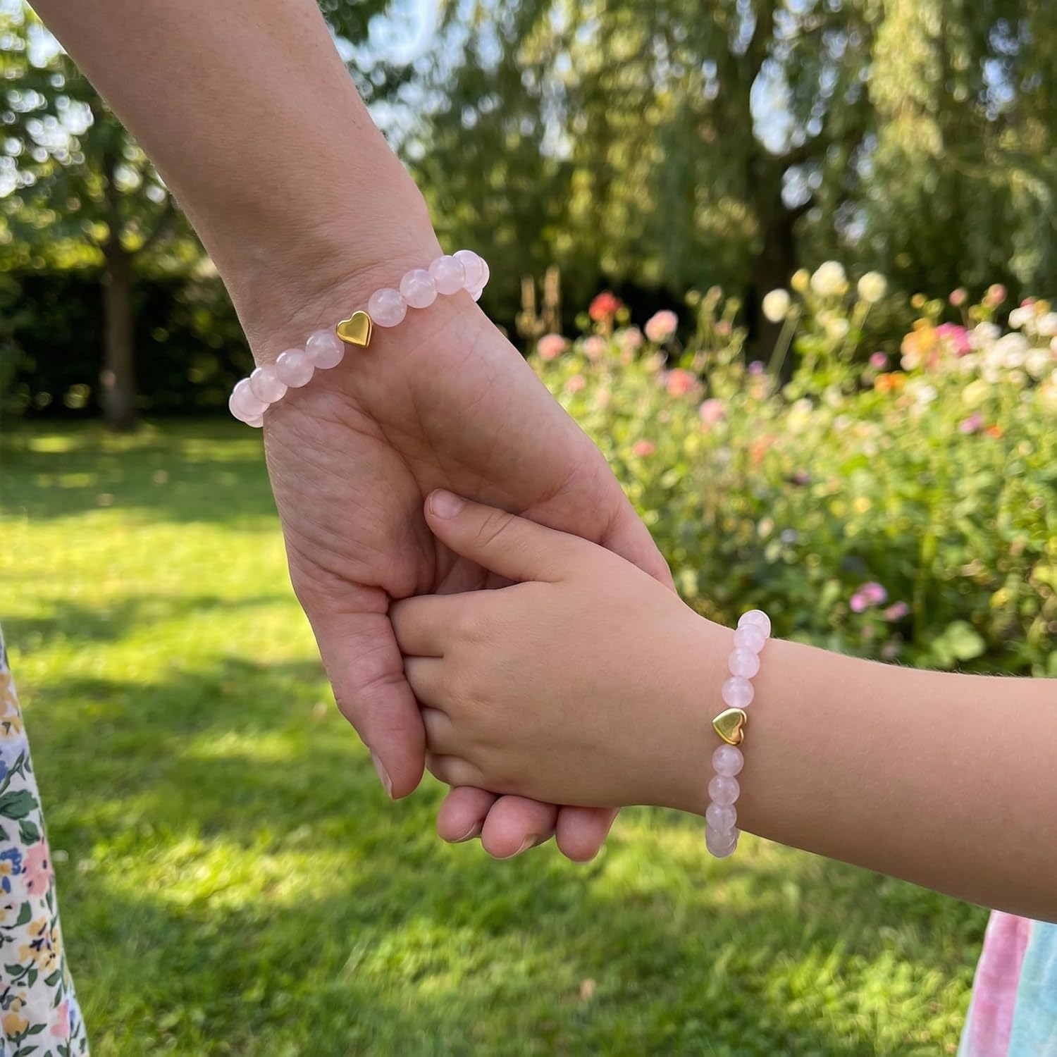HGDEER Mother Daughter Bracelets Gifts, Rose Quartz Beads Heart Charm Jewelry Gifts Back to School Christmas Valentines Day Brithday Gifts with Quote Card and Velvet Gift Pouch - Image 2