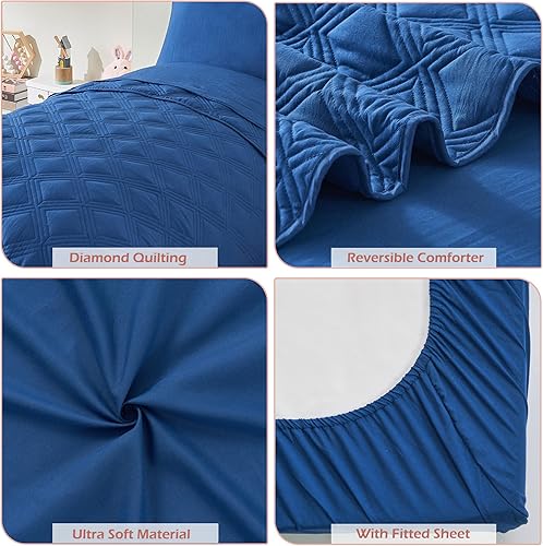 Miniatura 5 de Juego de ropa de cama de 4 piezas para niños y niñas, color azul marino, con costuras geométricas de microfibra suave, juego de edredón acolchado