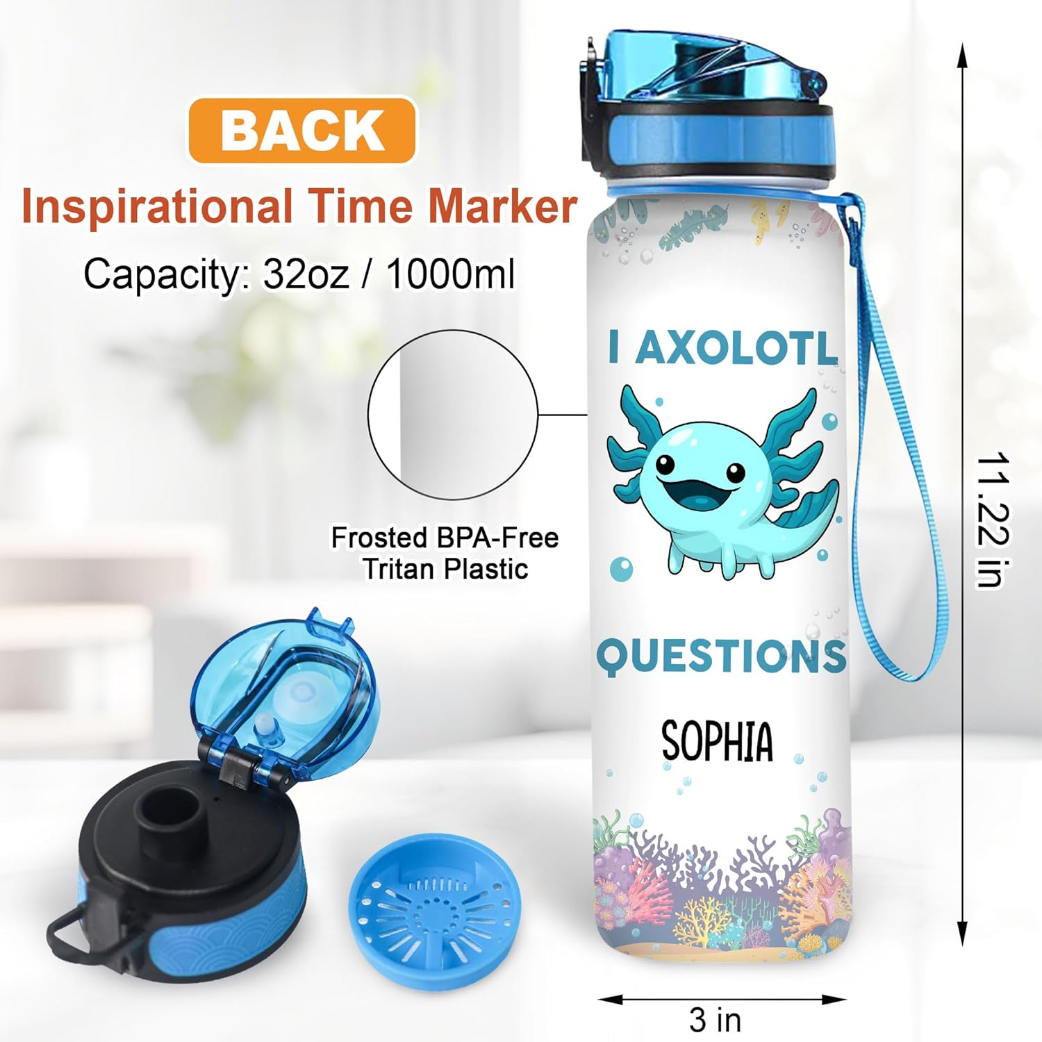 Hyturtle Personalized Axolotl Water Bottle - 32oz Motivational Water Bottle with Leak-Proof Lid & Time Marker - Custom Name Gift for Axolotl Lovers, Women, Girls, Boys - Birthday & Christmas Gift