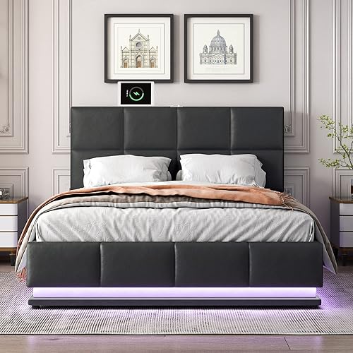 Miniatura 93 de Cama de plataforma flotante tamaño Queen con sensor de luz y cabecero, marco de cama moderno tapizado de terciopelo suave, no necesita somier