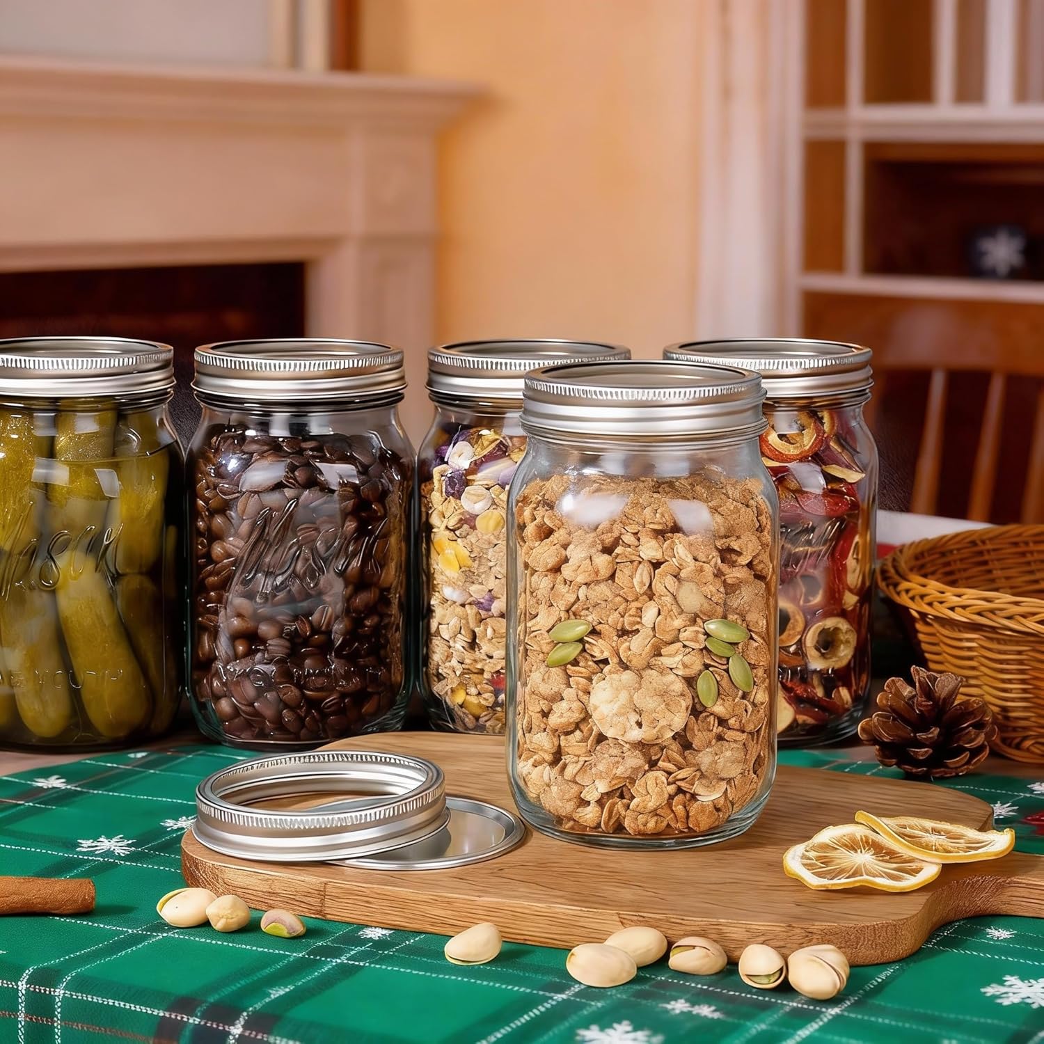 WELLIFE Wide Mouth Mason Jars, 12 Pack Mason Jars 32 oz for Pickling, Canning, Fermenting and Food Storage, Microwave & Dishwasher Safe