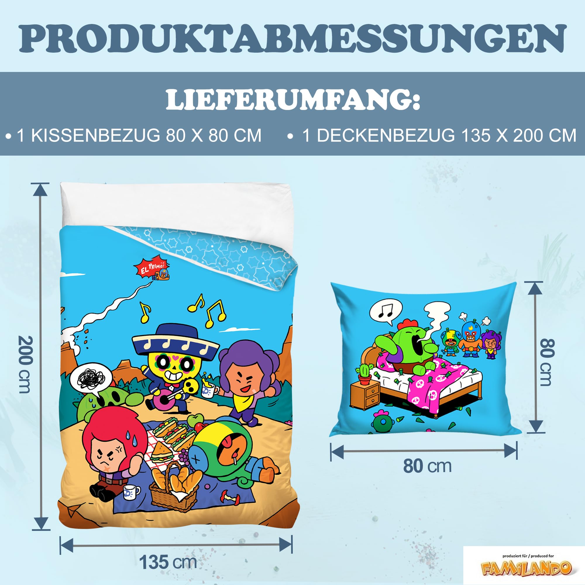 Familando Brawl Stars 2-częściowy komplet pościeli 135 x 200 80 x 80 cm – zestaw dla chłopców w jakości renforcé, 100% bawełny z zamkiem błyskawicznym – trwały kolor, można prać w pralce, Öko-Tex