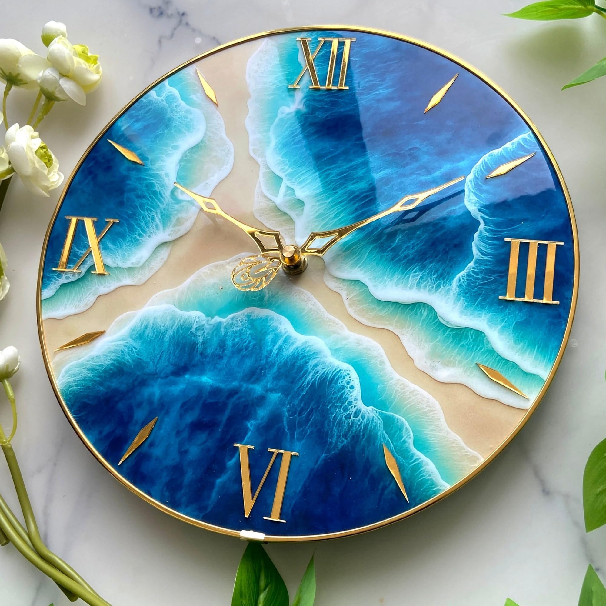 Ocean Beach Coastal Theme Resin Wall Clock Luxury Gold Modern Decorative Handmade Art 12 Inch Glossy Finish UV Durable Silent Non Ticking Battery Operated Home Decor
