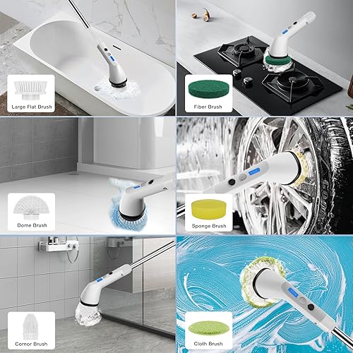 Miniatura 7 de Limpiador eléctrico giratorio, cepillo de limpieza inalámbrico de ducha con 6 cepillos de repuesto, 2 velocidades ajustables y extensibles,