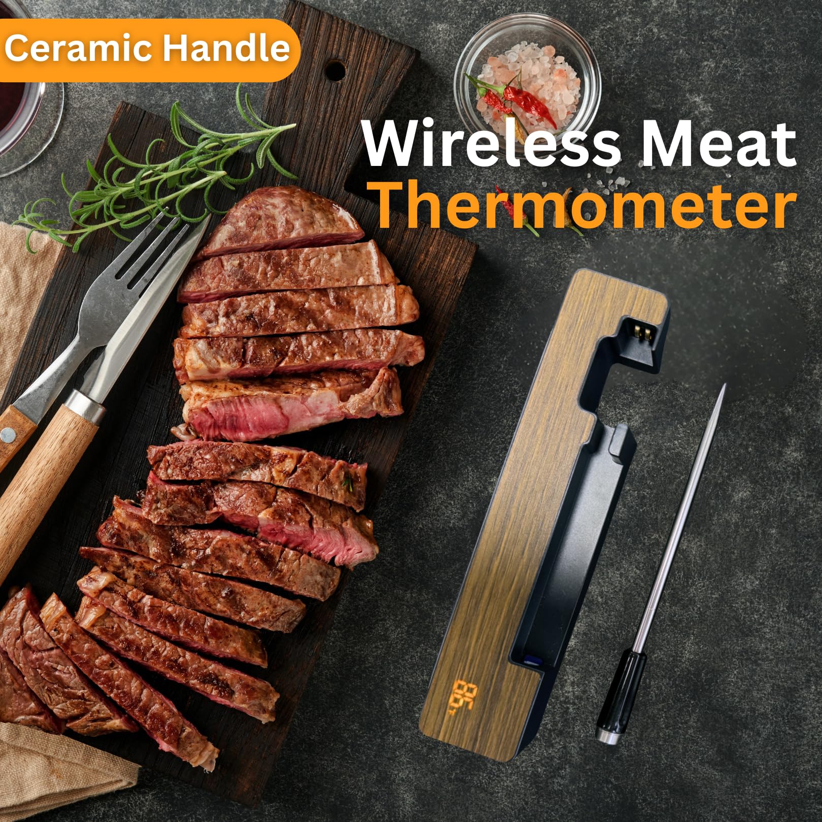 Termometro digitale per carne, wireless, con Bluetooth 5.3, con controllo tramite app, sonda in ceramica impermeabile ad alta precisione, ricarica rapida e magnetico, per forno, grill, barbecue