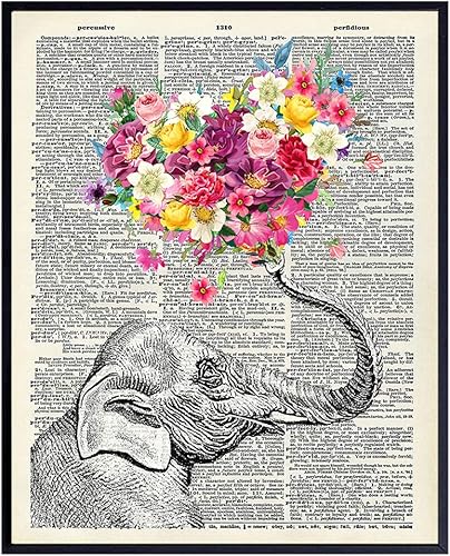 Elephant Dictionary Art Print - 8x10 Sweet Shabby Chic Poster for Home, Wall, Room Decor, Decoration, Bedroom, Bathroom - Cool, Unique Romantic Gift