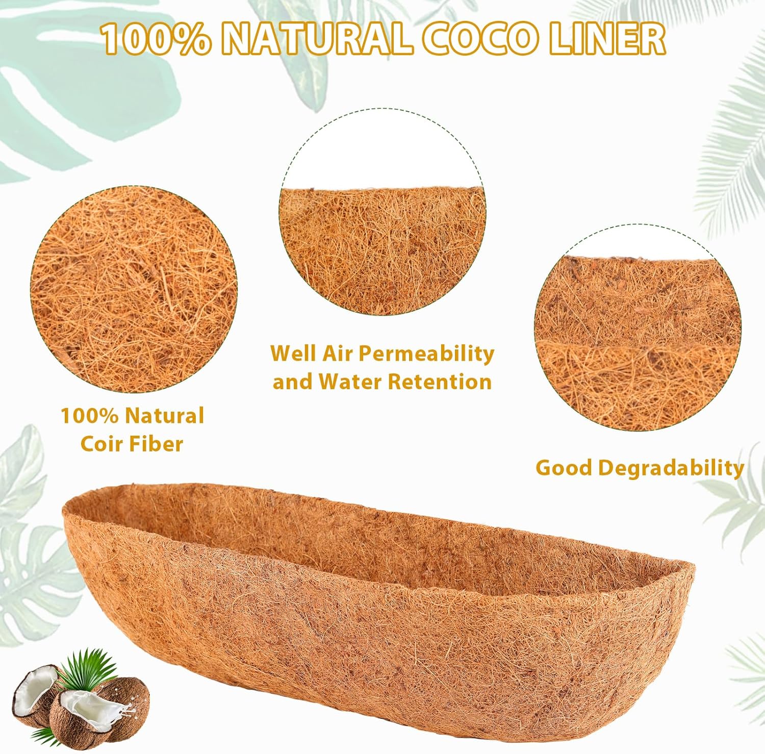 HKZ Coconut Liner for Planters - 4 Pcs 30 Inch Trough Coco Liners for Window Box, Natural Coconut Coir Fiber Planter Liners for Garden Fence Planter Flower Baskets