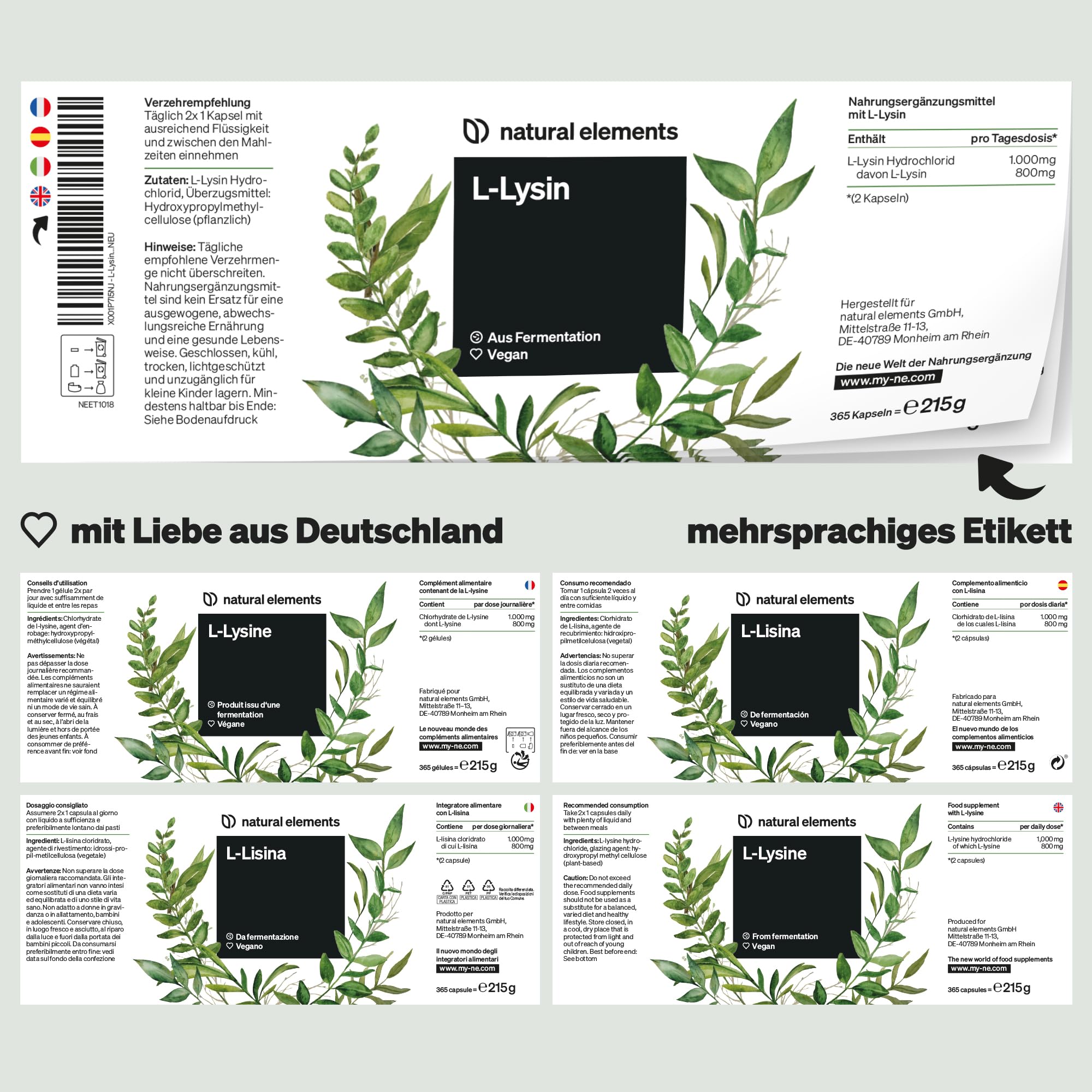natural elements L-Lysin – 365 Kapseln – 800mg L-Lysin – Aus pflanzlicher Fermentation – ohne Gentechnik – vegan, optimal dosiert, ohne unnötige Zusätze