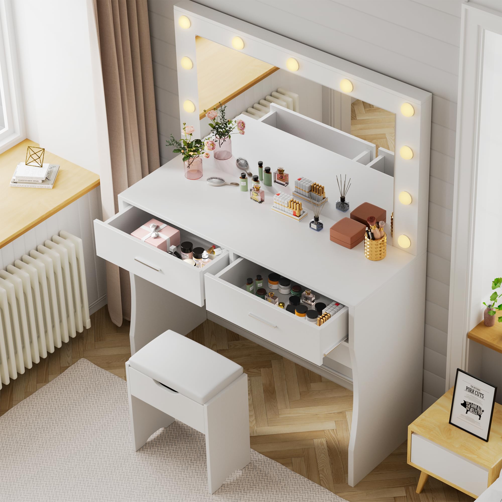 YESHOMY Vanity Desk with Mirror, Makeup Table with 11 Adjustable LED Lights and 2 Spacious Drawers, Soft-Padded Storage Stool, 3 Lighting Modes with Control, for Bedroom, White