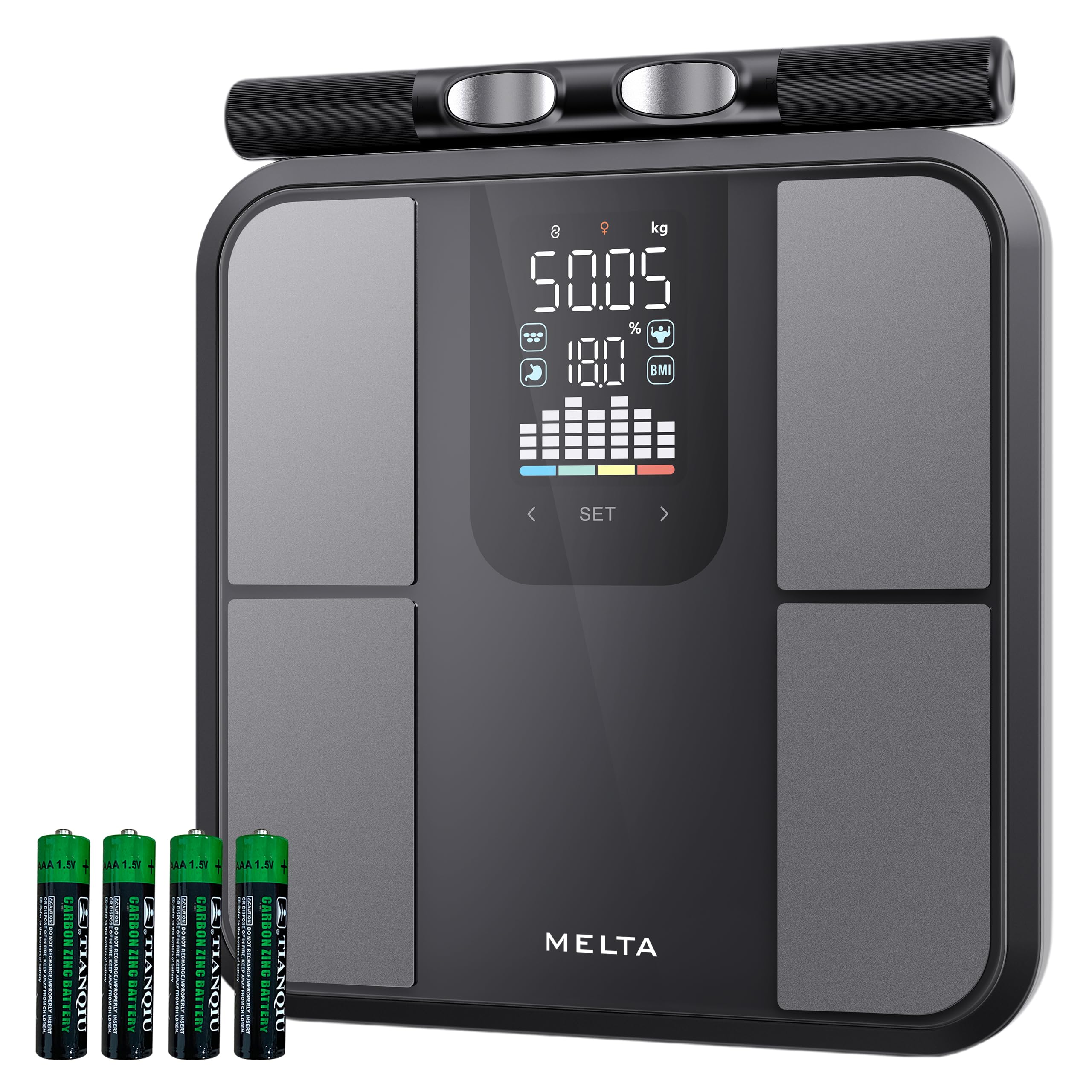 MELTA® Balance Connectée Impédancemètre 8 Électrodes – Pèse Personne 58 Mesures BIA Double Fréquence – Masse Grasse Musculaire IMC – Écran LED Couleur – Mode Hors Ligne – Analyse Corporelle Complète