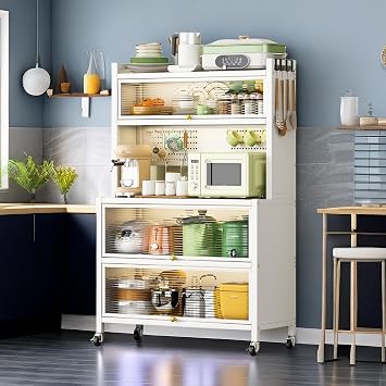 Metal Pantry Storage Cabinet with Glass Doors, Shelves and Wheels, Bakers Rack Microwave Racks Storage Sideboard Cabinet for Kitchen, Dining Room, Living Room, Laundry Room White
