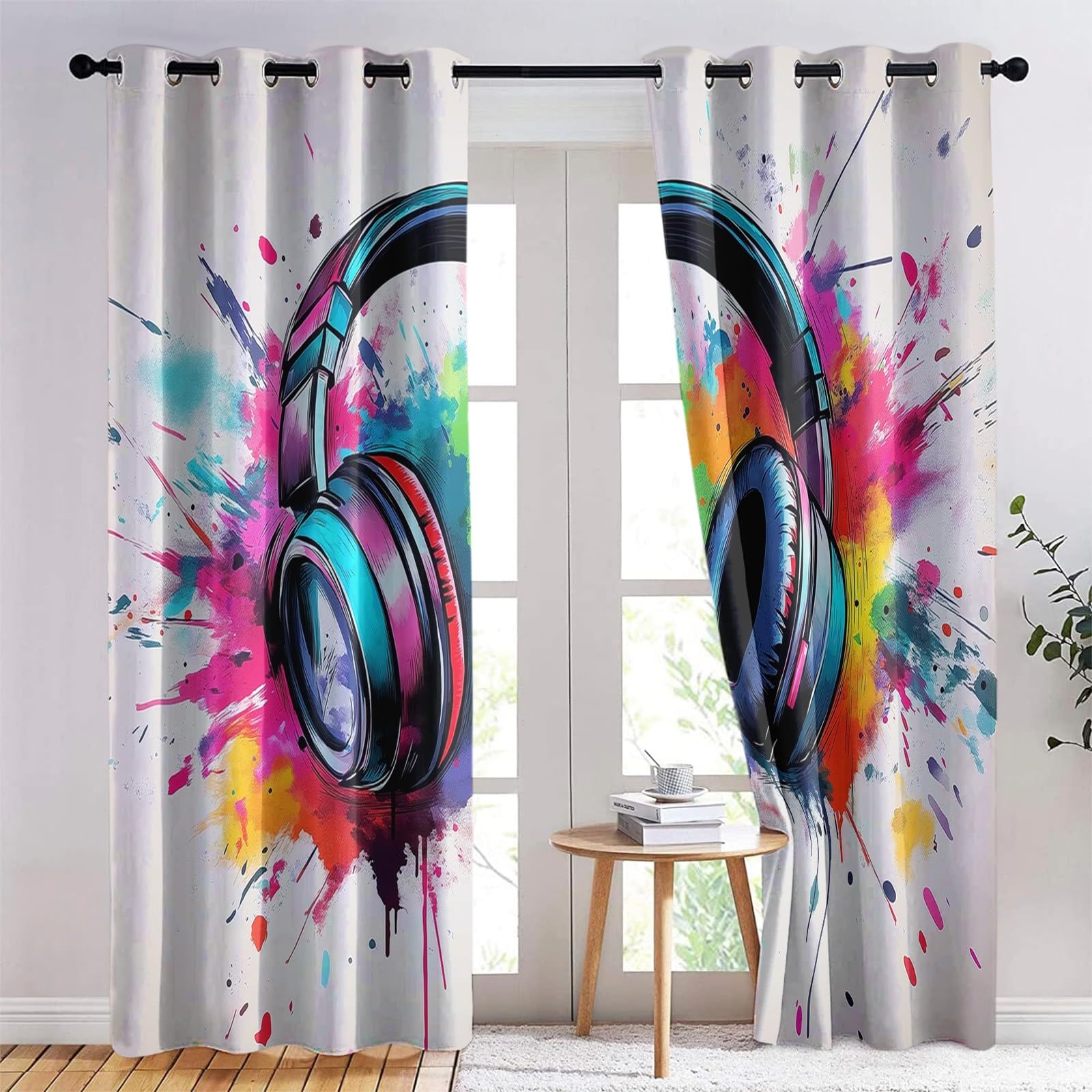 Bedruckte Verdunkelungsvorhänge mit Ösen, Graffiti Kunst Kopfhörer Blickdicht Thermo Isoliert Vorhänge, Privatsphäre Schützende Gardinen für Schlafzimmer Wohnzimmer, 2er Set H 214 x B 91.5 cm