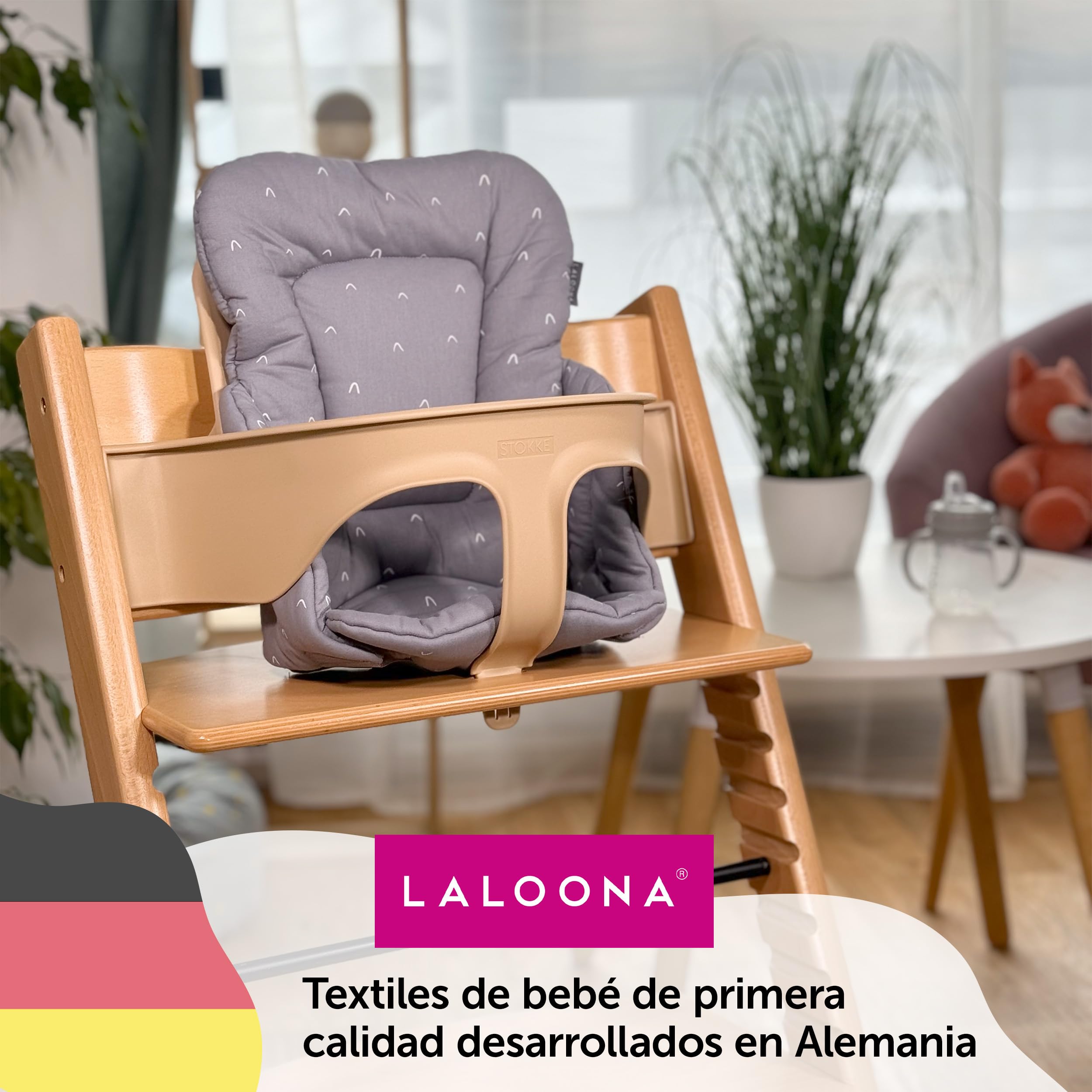 LaLoona Reductor para Trona Bebe Stokke Tripp Trapp, Cojin Trona Madera Algodón, Reductor de Asiento para Trona Evolutiva OEKO-TEX 100, No Irrita la Piel, Lavable - Gris