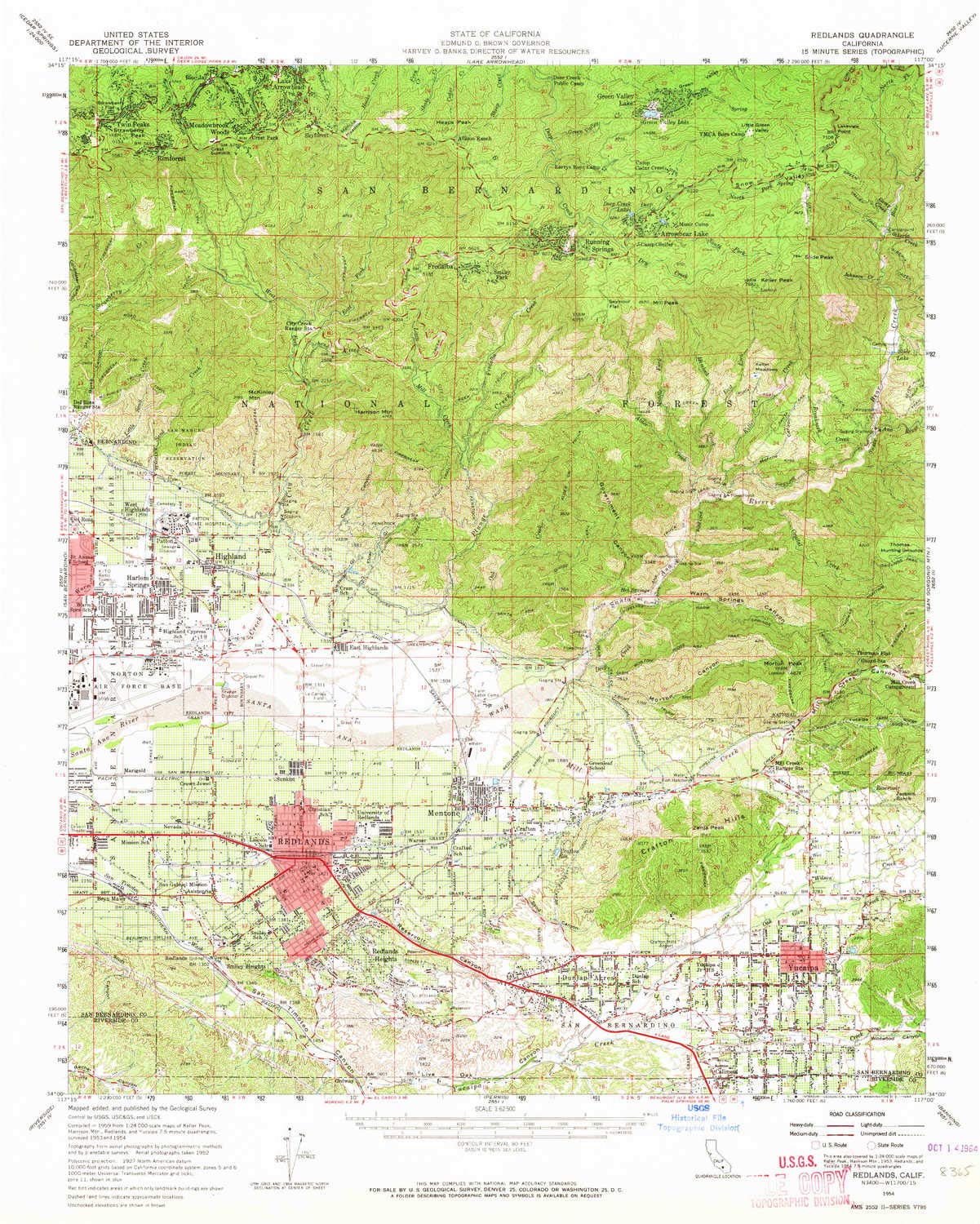 YellowMaps Redlands CA topo map, 1:62500 Scale, 15 X 15 Minute, Historical, 1954, Updated 1964, 20.8 x 16.6 in