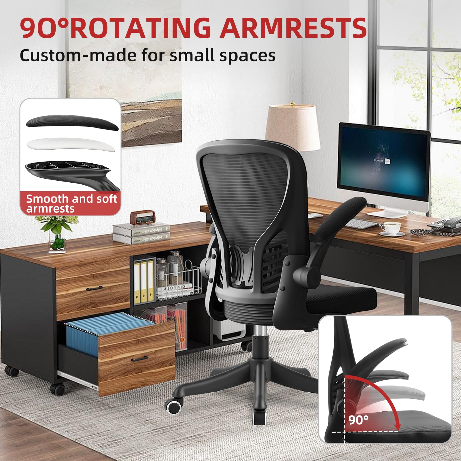 Silla de Oficina Ergonómica con Soporte Lumbar Regulable, Brazos Abatibles 90°, Tapicería de Malla Transpirable, Negro