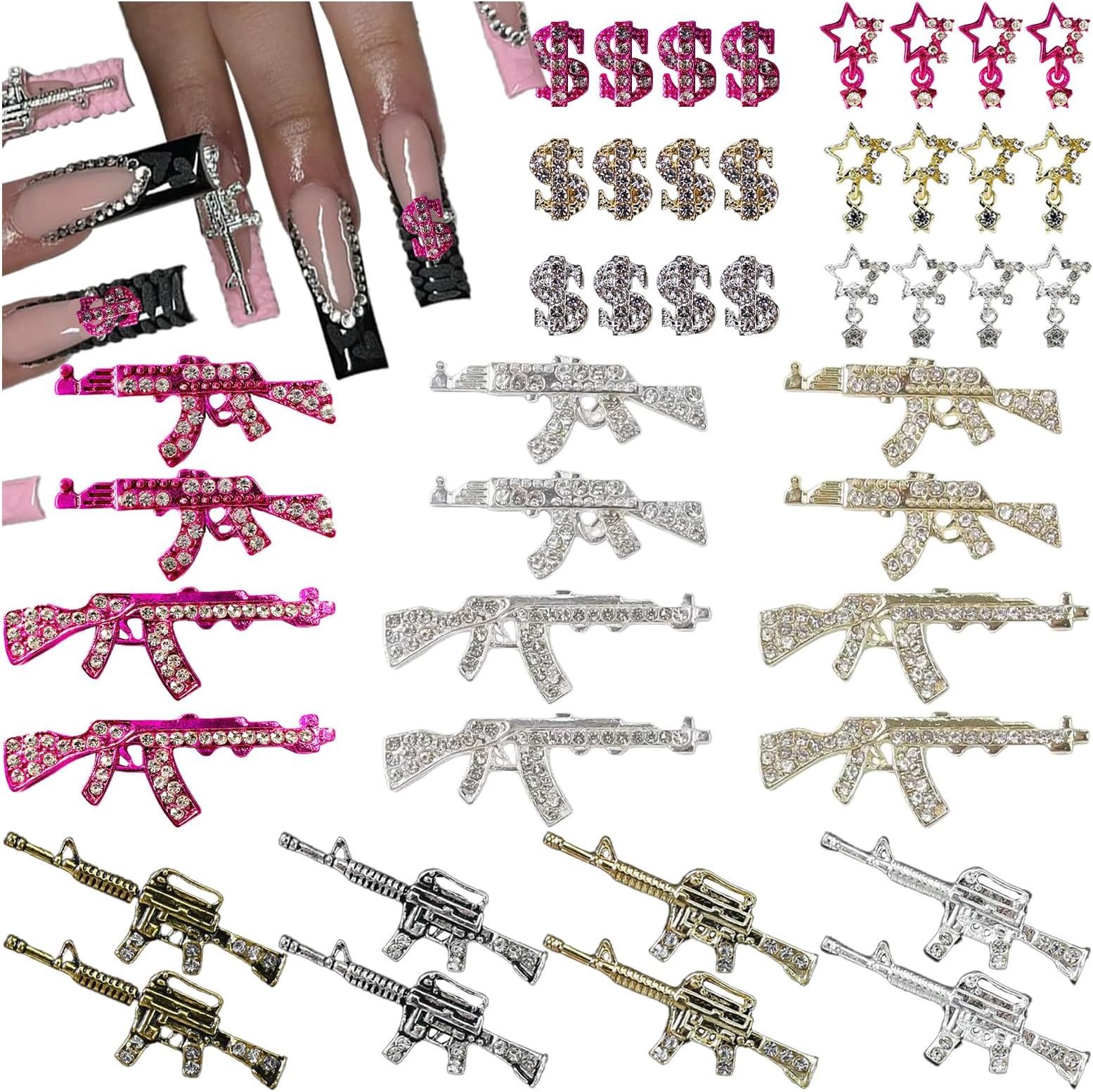44PCS Gun Nail Charms Nail Art Rhinestone,Gold Silver Alloy Gun Dollar Sign Star Nail Decoration for Acrylic Nails, Nail Jewels Accessories for Nail Art Supplies DIY Nail Craft