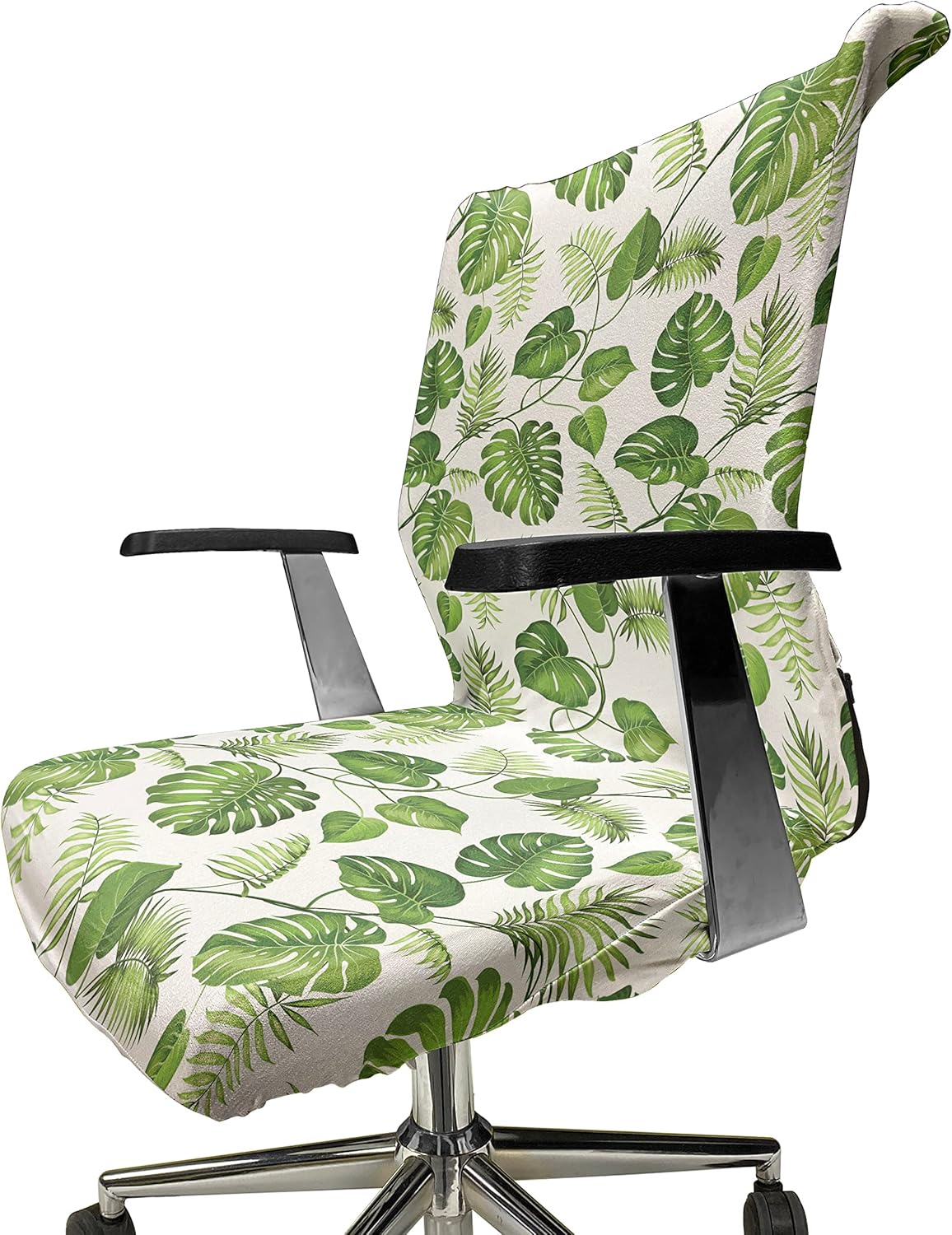 Ambesonne Leaves Office Chair Cover, Monstera and Fern Foliage Composition with Vines Hawaii Tropical Nature, Stretchable Decorative Universal Size High Back Printed Slipcover, Pale Green