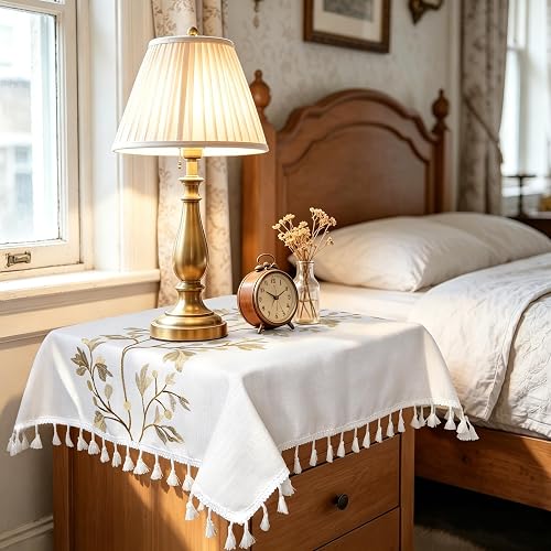 White Small Square Tablecloth 24 x 24 inch, Cotton Linen Floral Embroidered Table Cloth with Tassles for Coffee Table, End Table, Boho Nightstand Cover, Washable Farmhouse Home Decor