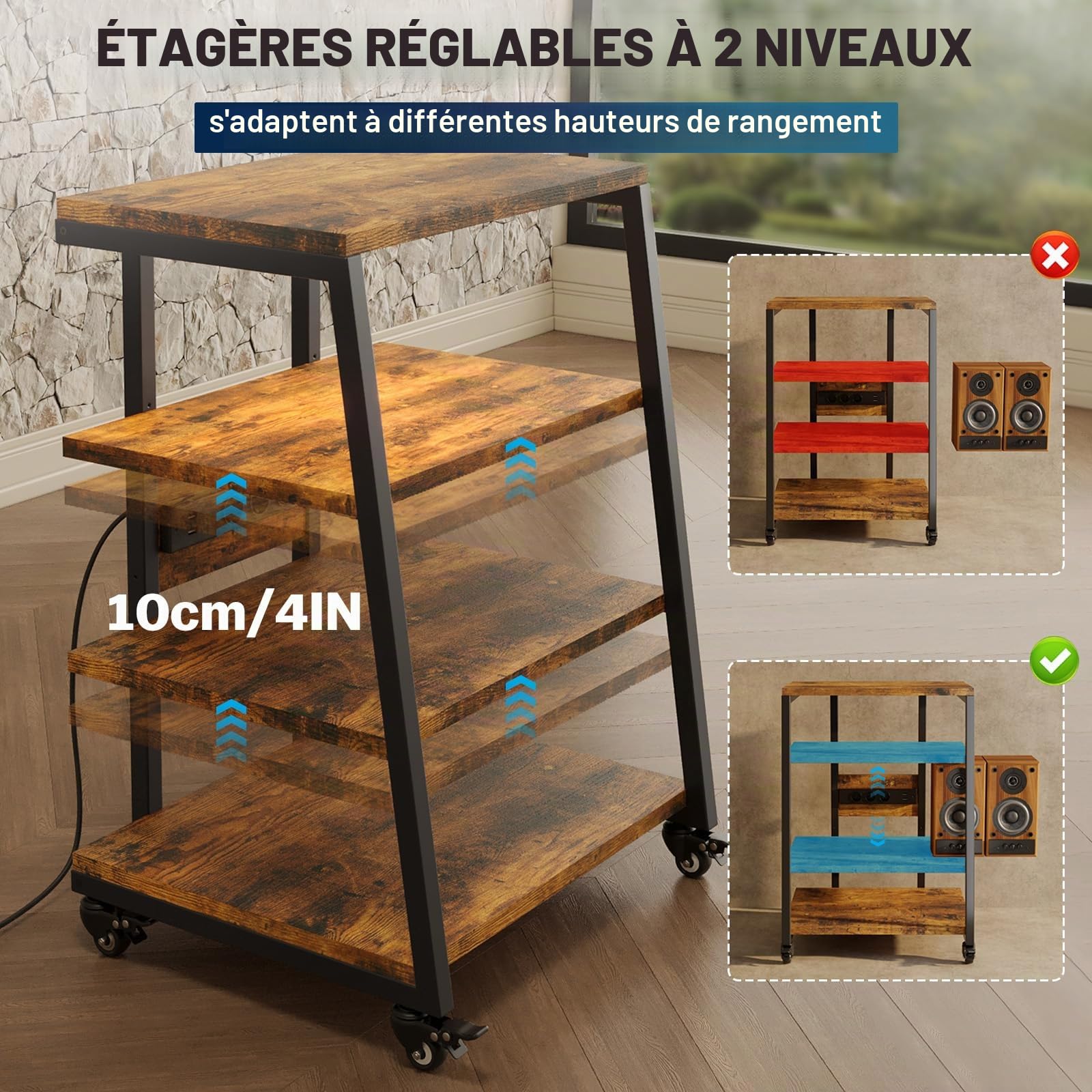 Meuble HiFi avec 4 Étagères en Bois, Hauteur Réglable, Capacité 50 kg