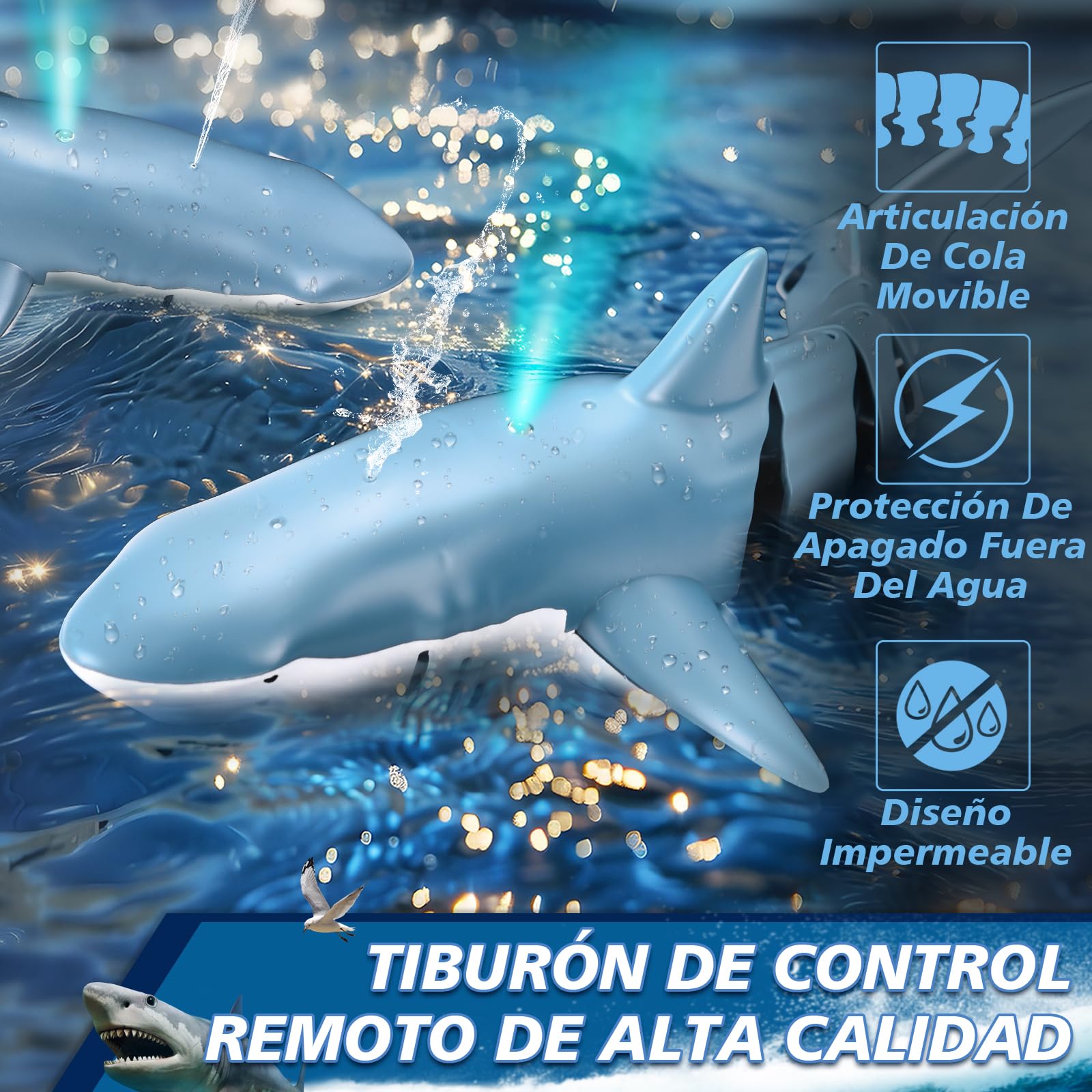 YOOHBERRYS Tiburon Teledirigido, 2.4GHz Tiburon Teledirigido Acuatico, RC Barco Tiburón con Luces y Chorros de Agua, Juguete de Piscina Regalo para 6+ Años Niño Niña