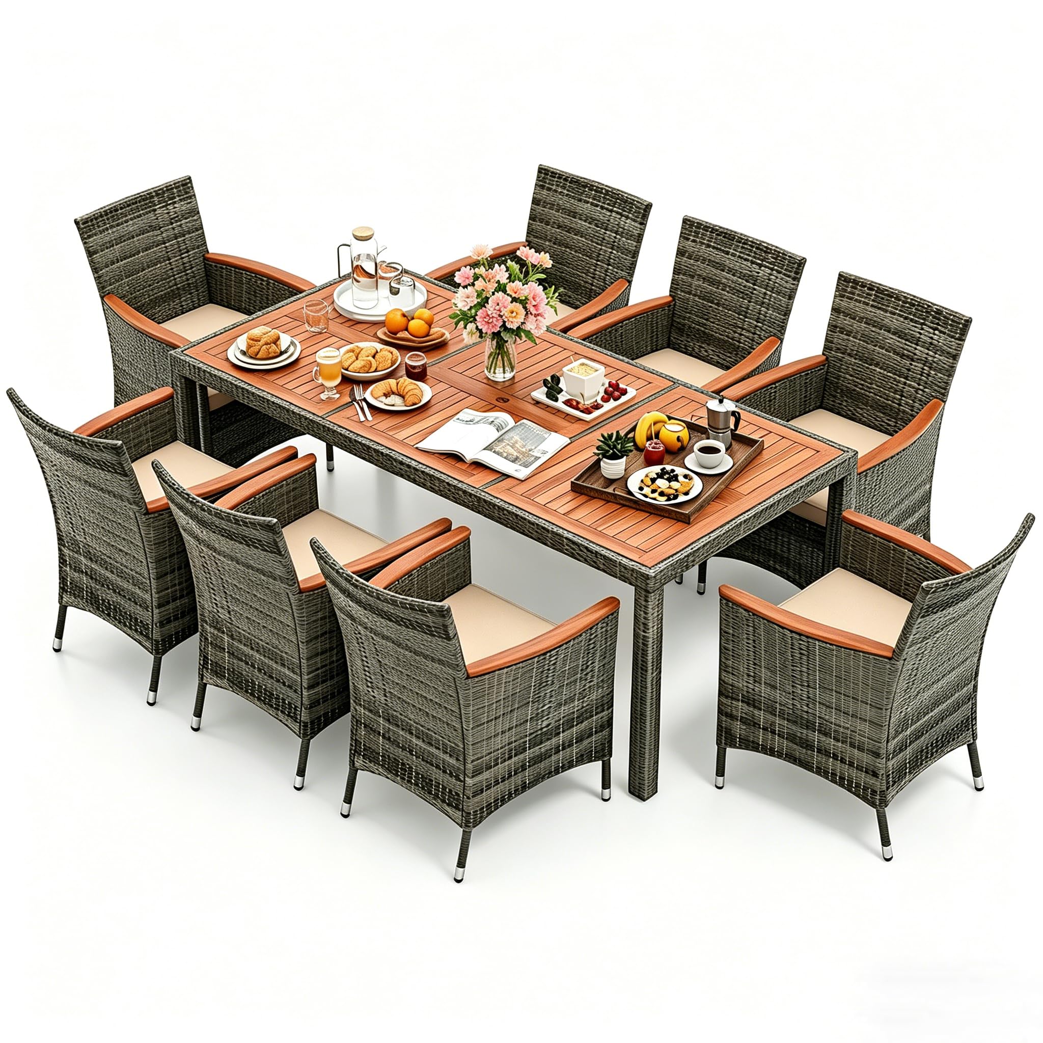 SOARS Salotto da Giardino Esterno, Set Mobili da Esterno in Rattan e Legno Massello con 8 Poltrone, Tavolo da Pranzo con Foro per Ombrellone da 5 cm e Cuscini Morbidi per Terrazzo, Bordo Piscina