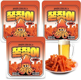 COELO Jjonjingeo Spicy Flavor 50g x 3Packs (Total 5.3oz) Korean Old School Snack Jjonchelin, Korea Street Food Seasoned Chewy Treats, Party Holiday Camping Late Night Movie Snacks K-Food 쫀드기