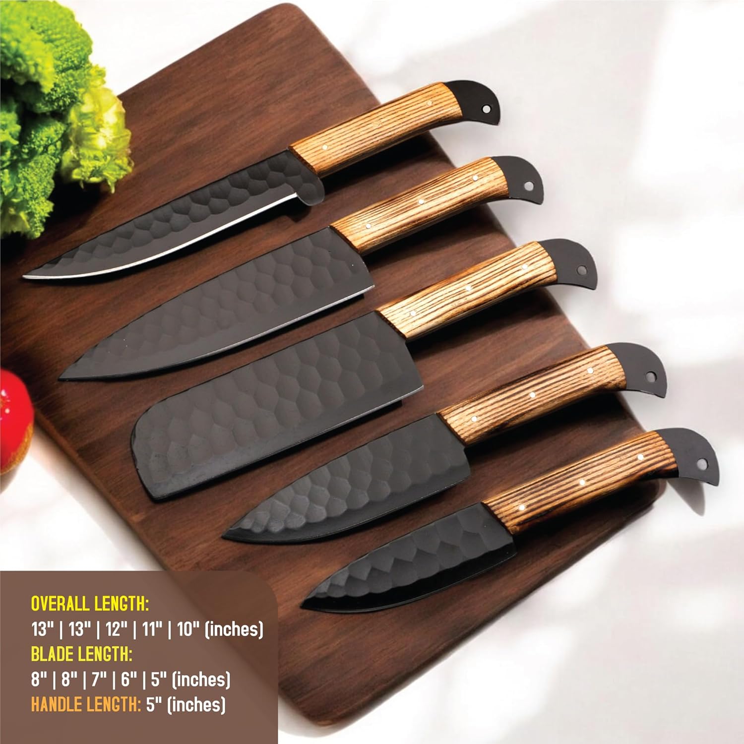 Knife Set • Kitchen Knife Set 5 PCS Handmade Kitchen Chef Knife Set High Carbon Steel Blade with Ashwood Handle + Leather Bag