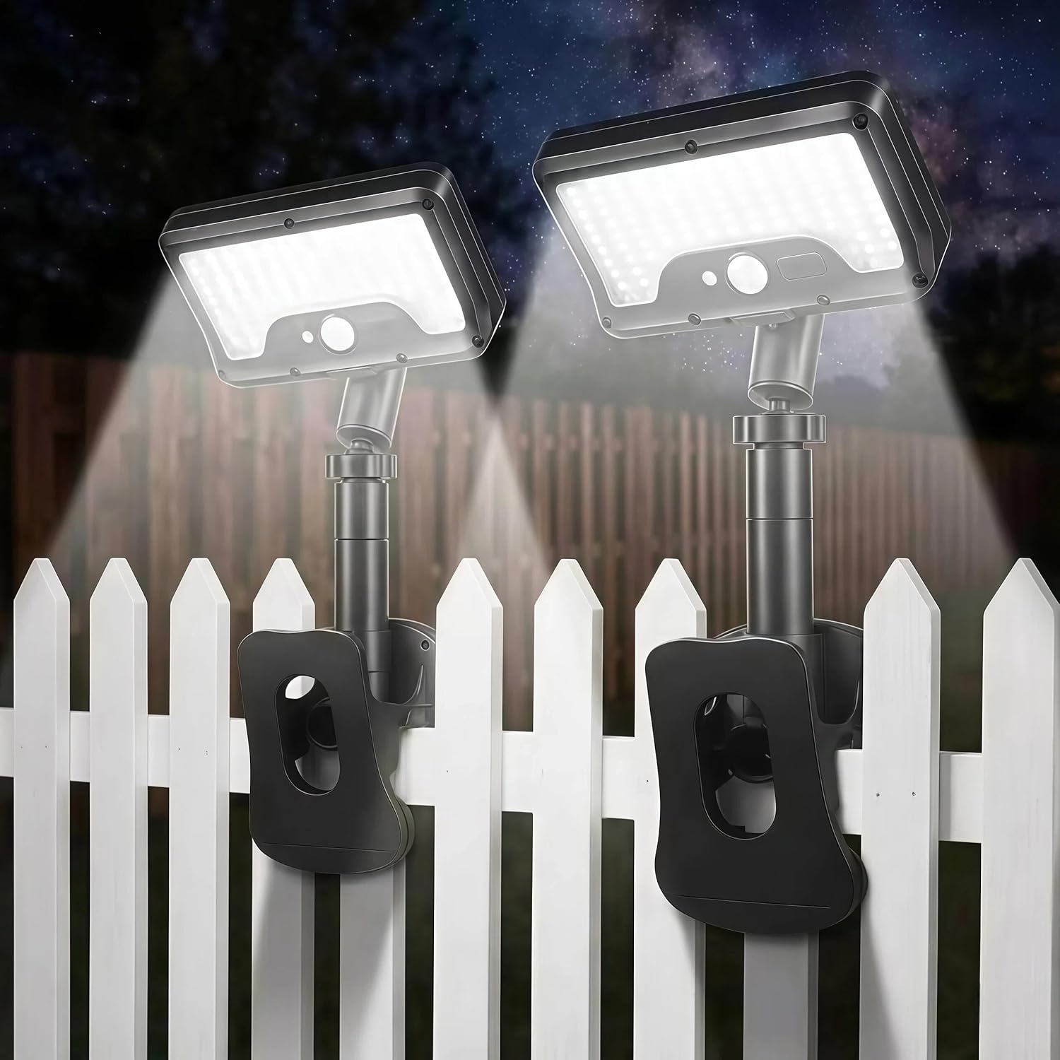 Clip on Solar Lights Outdoor with Motion Sensor, Dual-Charge (Solar/Type-C) Solar Fence Lights, 360° Rotatable 92 LED Security Light for Gutter, Deck, Camping, IP65 Waterproof (2 Pack)