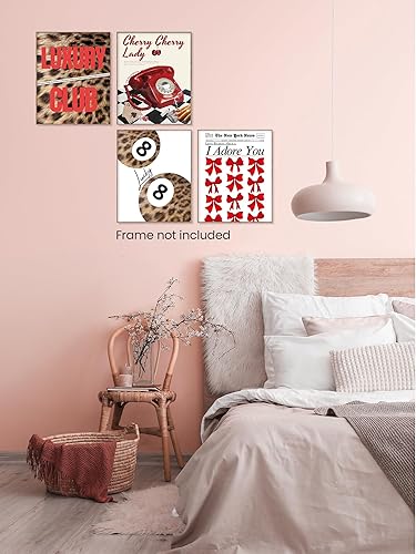 Miniatura 9 de Juego de 4 impresiones artísticas de pared de 8 bolas de la suerte con estampado retro de los años 70, diseño de leopardo y cereza roja de los años