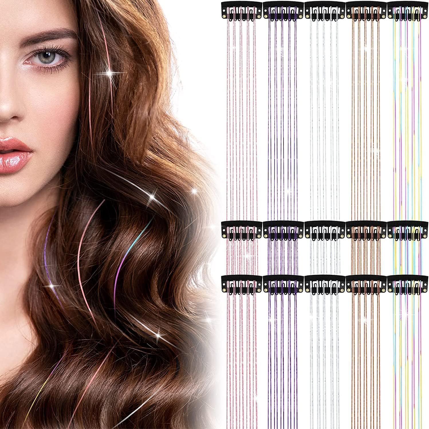 Clip in Hair Tinsel, Clips on Hair Tensile Champagne Gold, Pack of 12Pcs, 20 inch Glitter Tinsel Extensions, Festival Fairy (Champagne) - Image 3