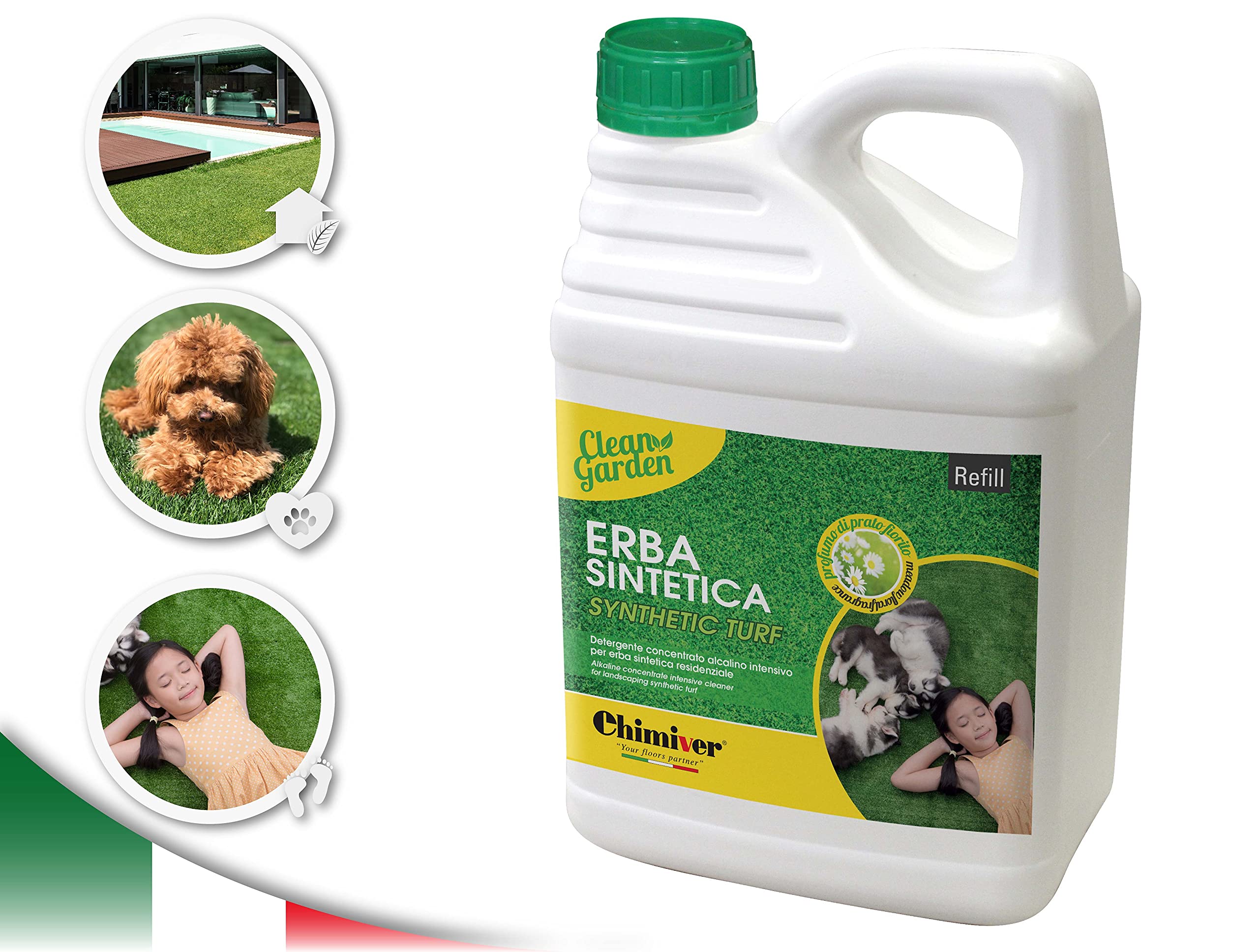 Chimiver - Limpiador Alcalino Concentrado para la Limpieza de Césped Artificial en Entornos Residenciales. CLEAN GARDEN CONCENTRADO |Garaffa de 5L